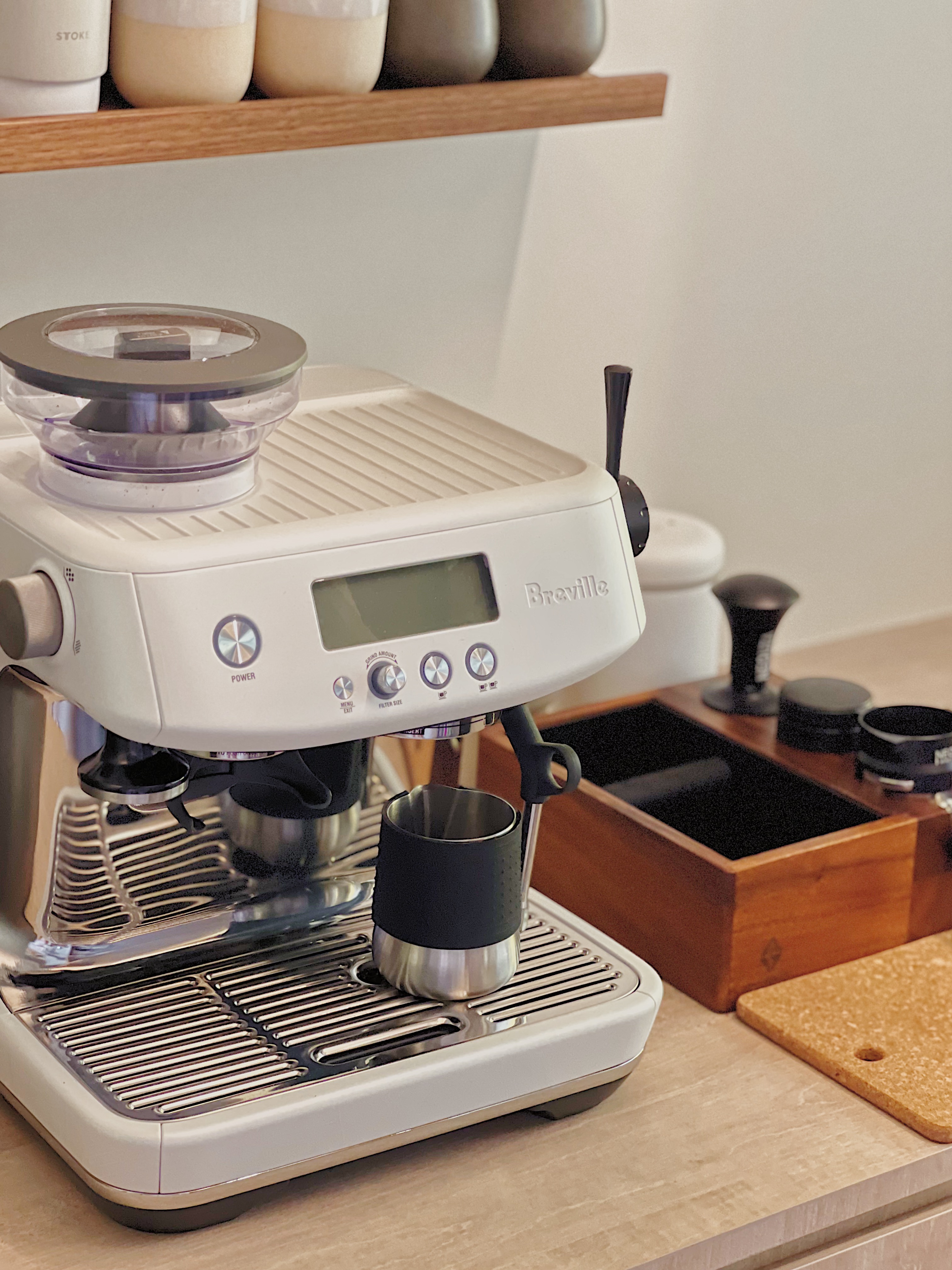 Favourite Cozy Corners of our Home  - White Breville espresso machine, modern design, coffee brewing, coffee pot, black