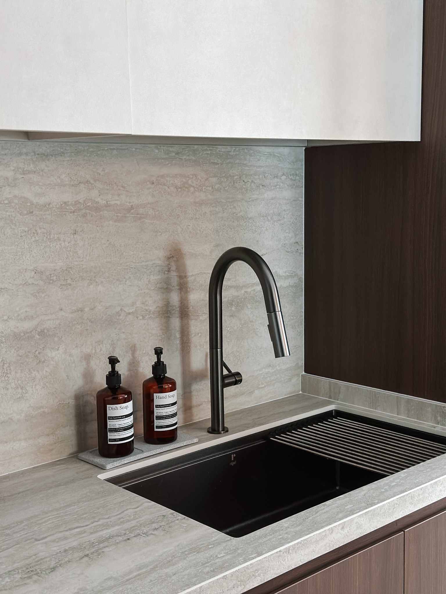 Our Cosy Kitchen: Designed for the Ultimate User Experience - Dish soap, hand soap, stainless steel faucet, marble