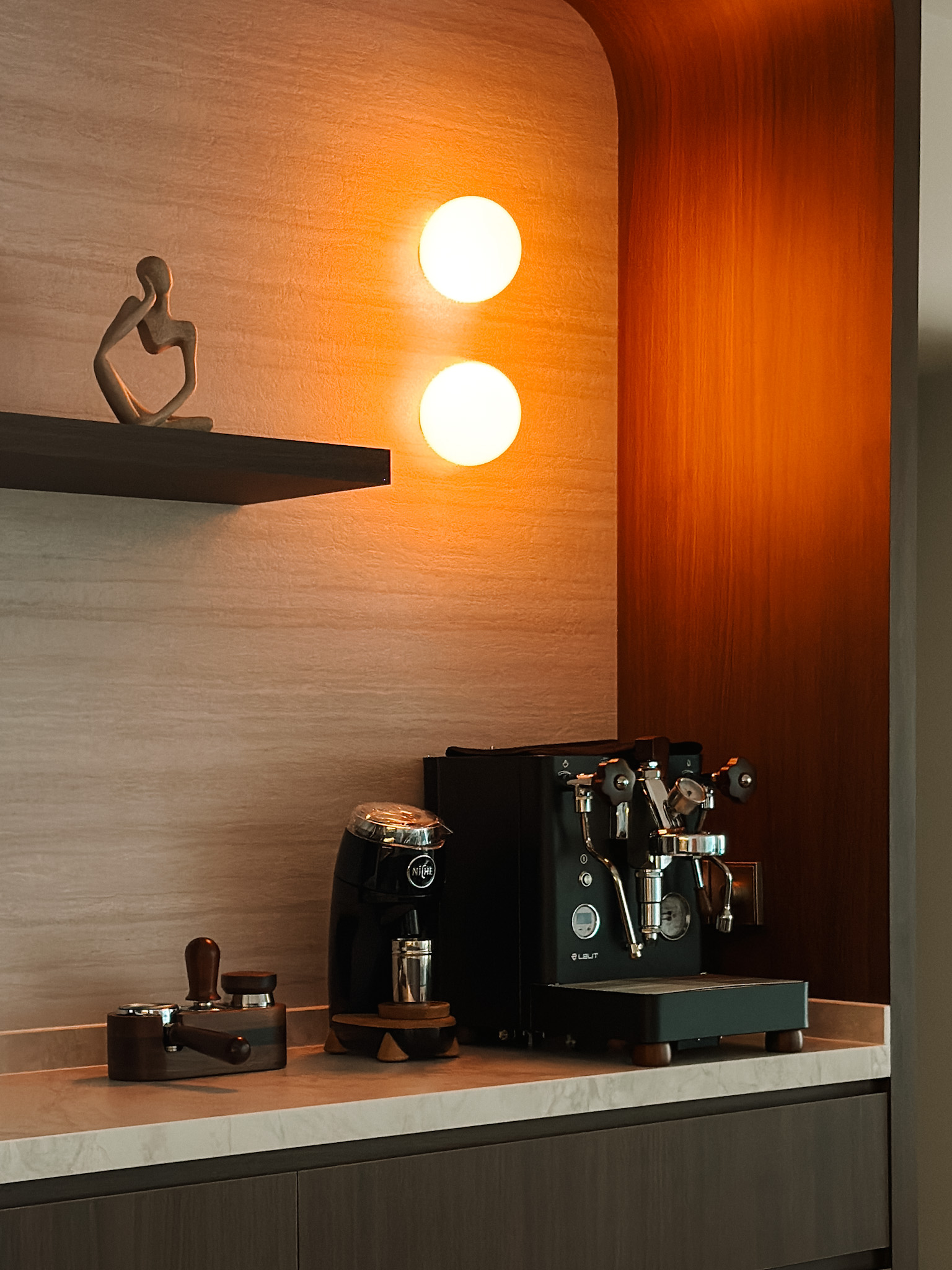 Our Cosy Kitchen: Designed for the Ultimate User Experience - Modern kitchen counter, espresso machine, coffee maker, wooden