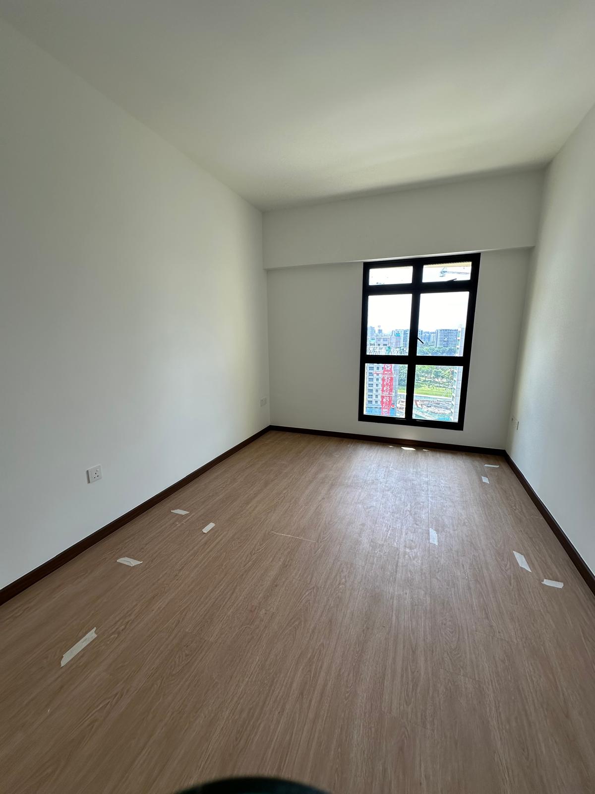 Before & After: Japandi Luxe Master bed & bath - Empty room, spacious, bright, white walls, wooden floor, large window