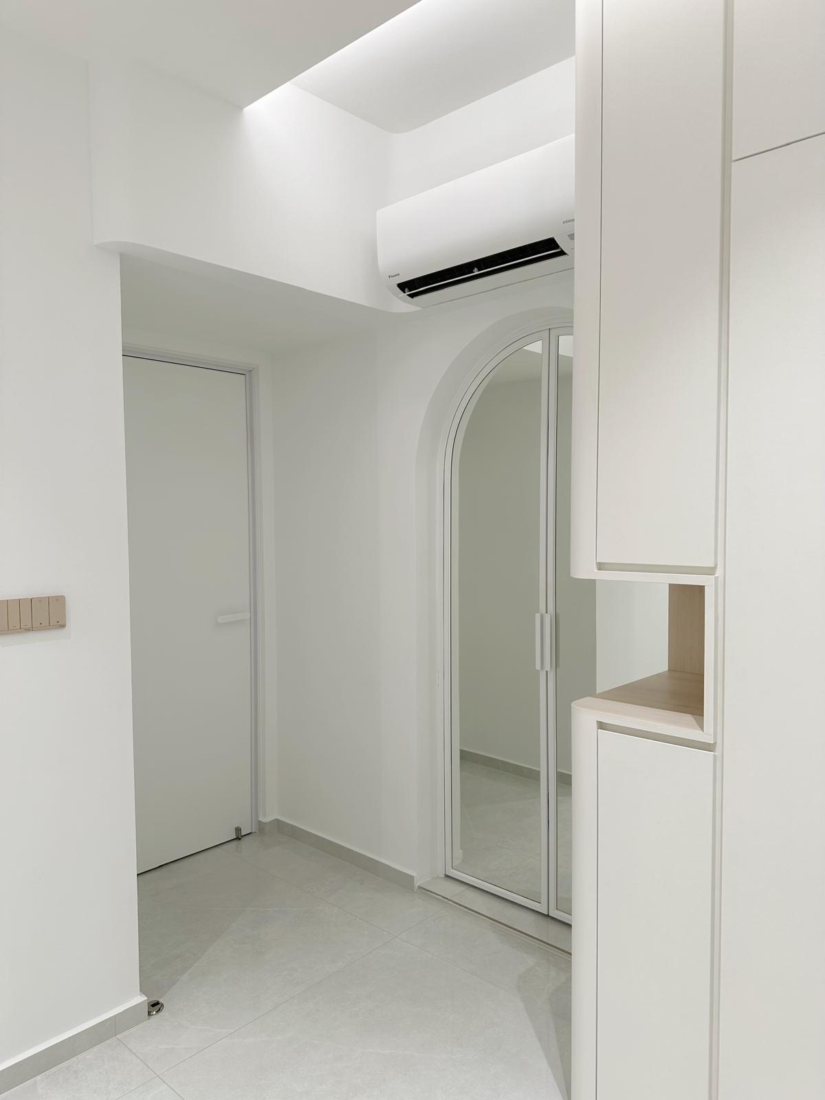 Before & After: Japandi Luxe Master bed & bath - Minimalist hallway, modern design, sleek white walls, open door, arched