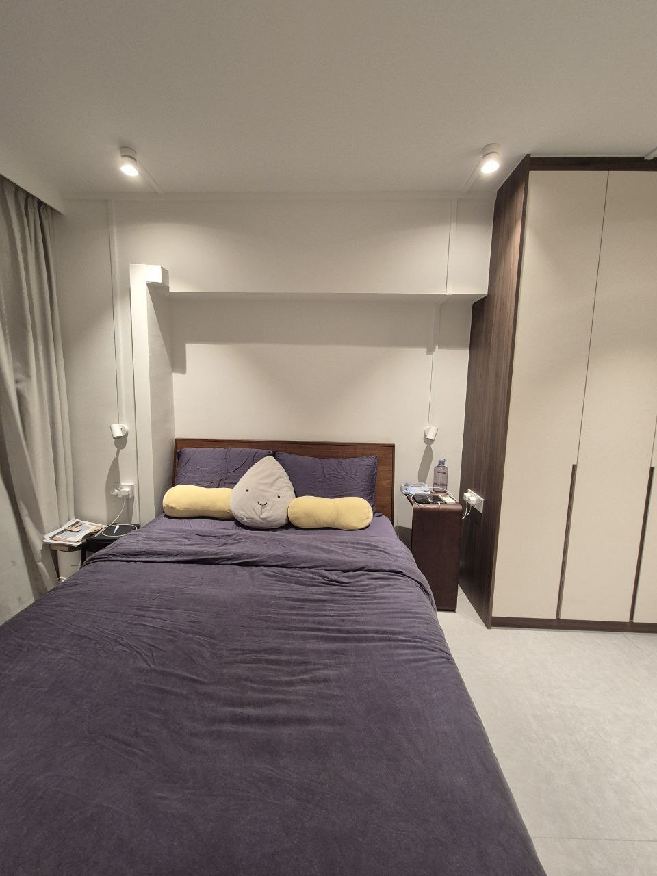 Bedroom: we "shifted" the position of our master bedroom door - modern bedroom, cozy bed, purple bedding, plush pillows