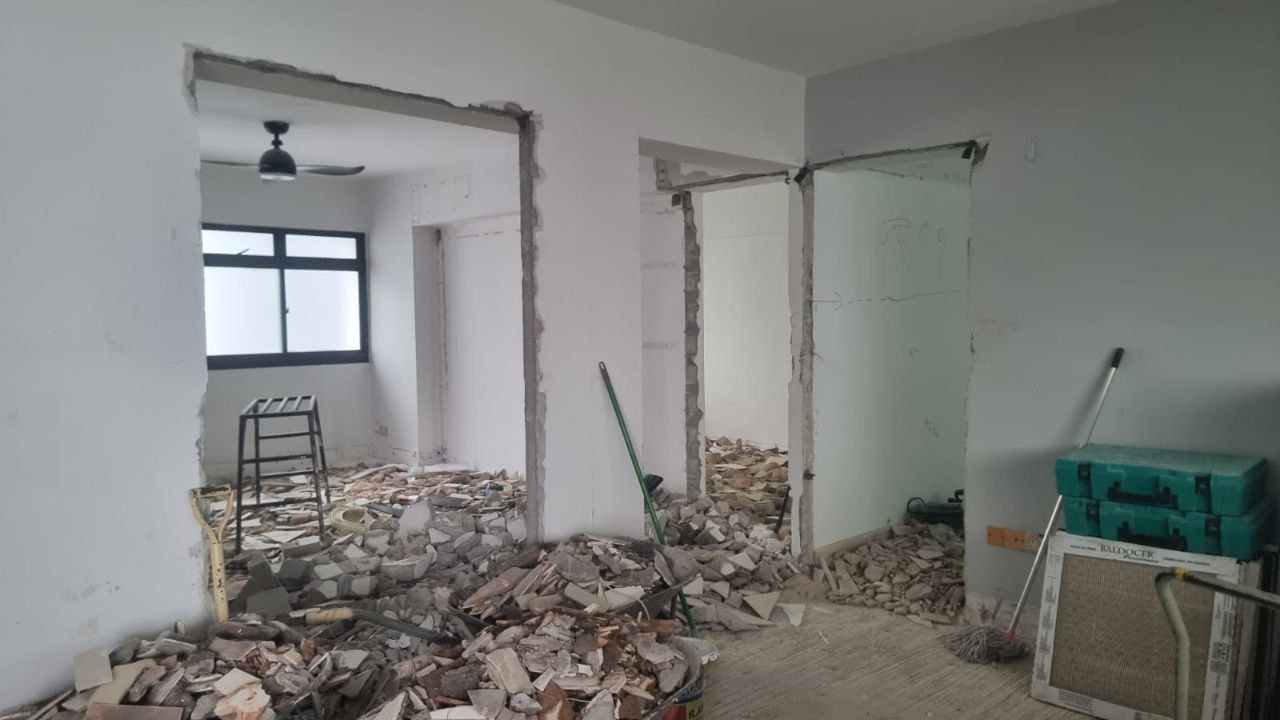 Bedroom: we "shifted" the position of our master bedroom door - remodel, renovation, unfinished, walls, debris, floor