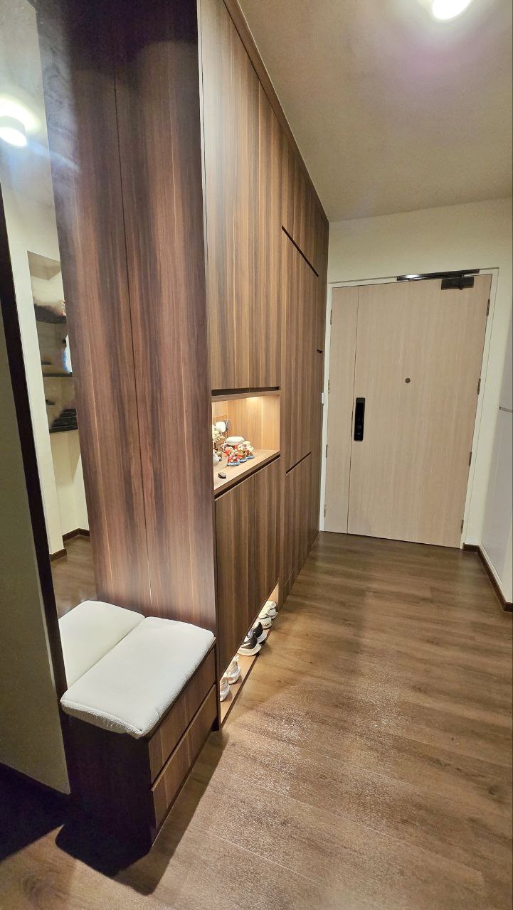 How to make your HDB Door look like Condo - Wooden cabinetry, minimalist design, integrated shelving, light wood finish
