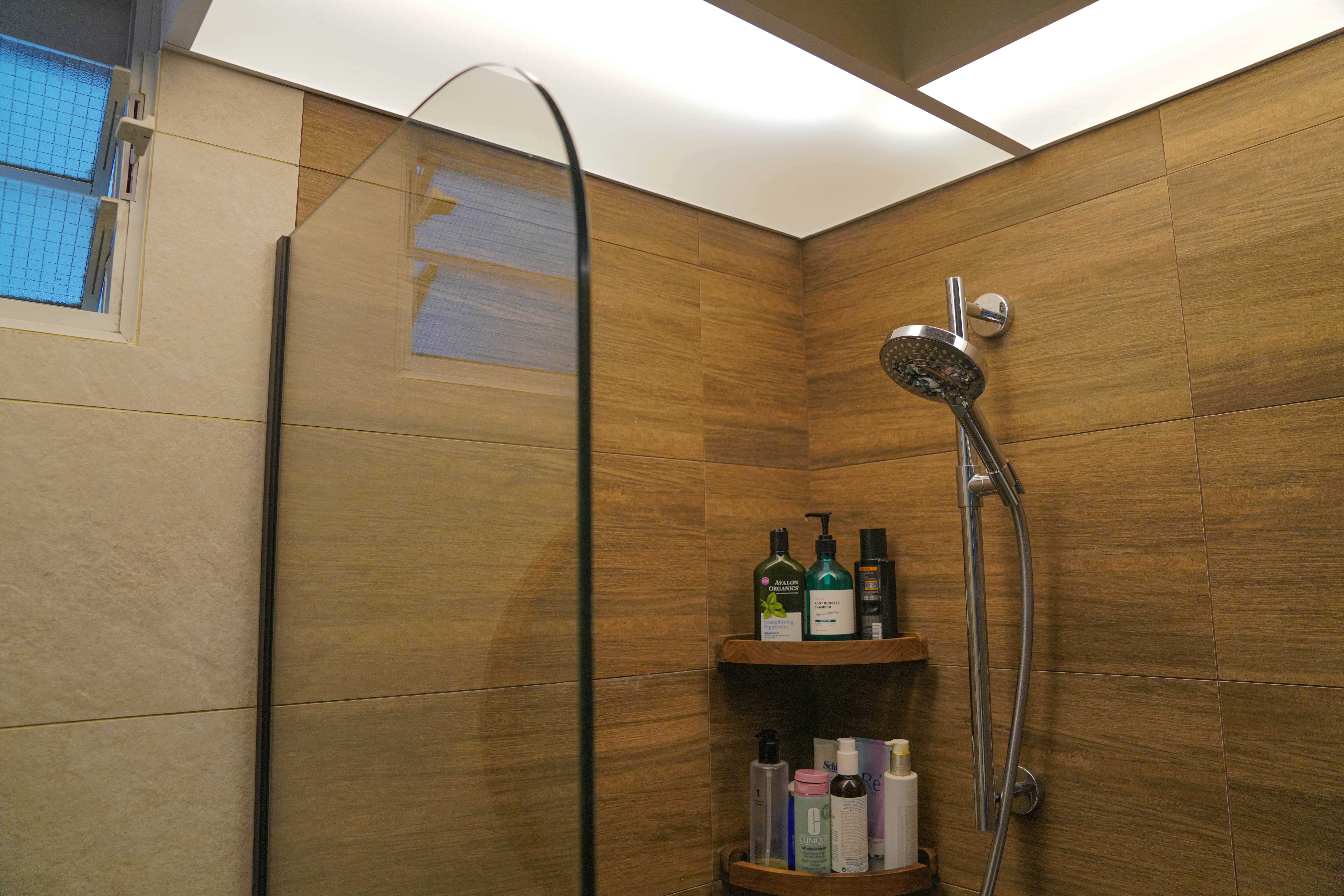 Resort-like Common Bathroom (+Smart Toilet @ $450) - Wooden shower enclosure, modern design, beige tiles, glass shower door