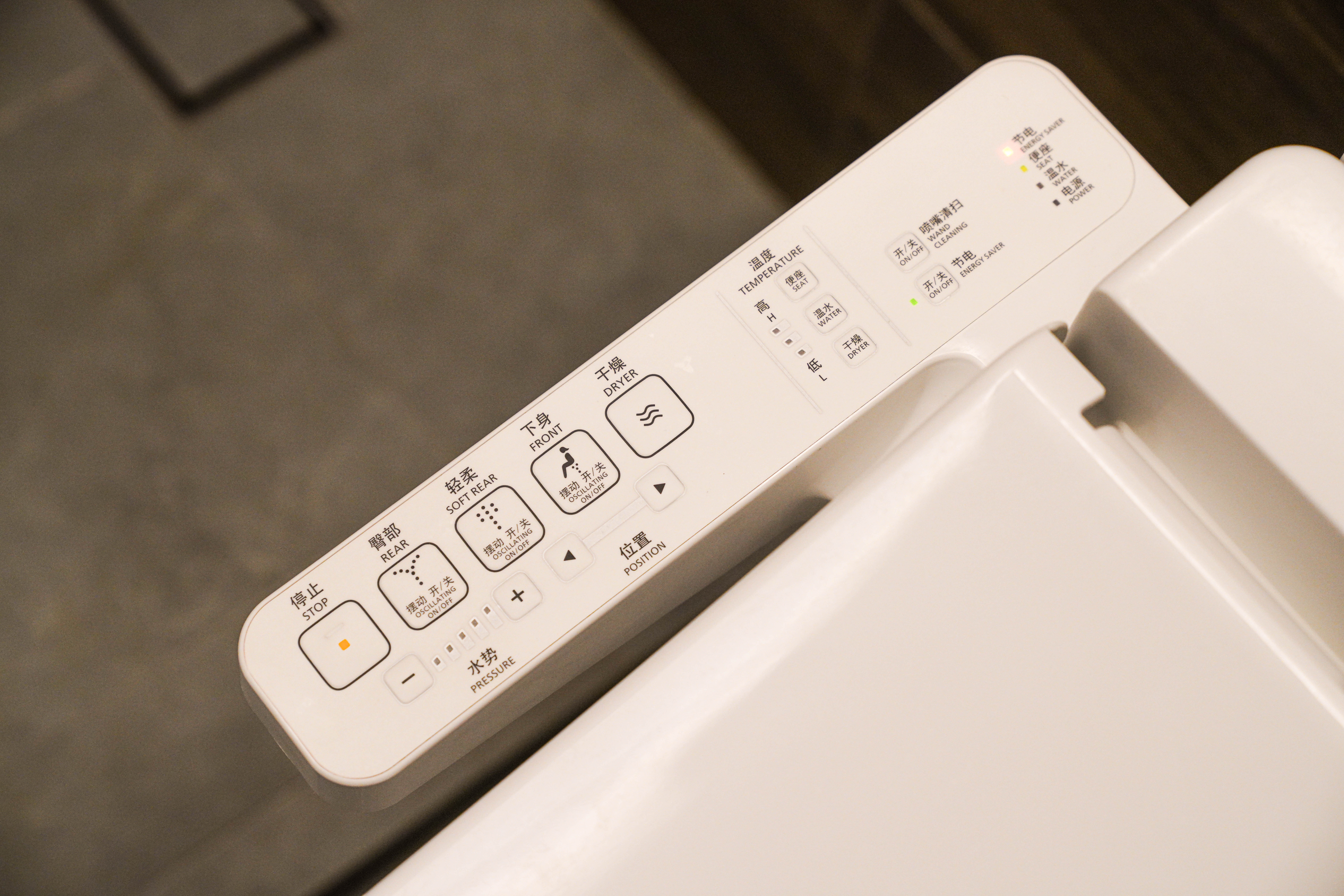 Resort-like Common Bathroom (+Smart Toilet @ $450) - Step-by-step control panel, front dryer, temperature settings, energy