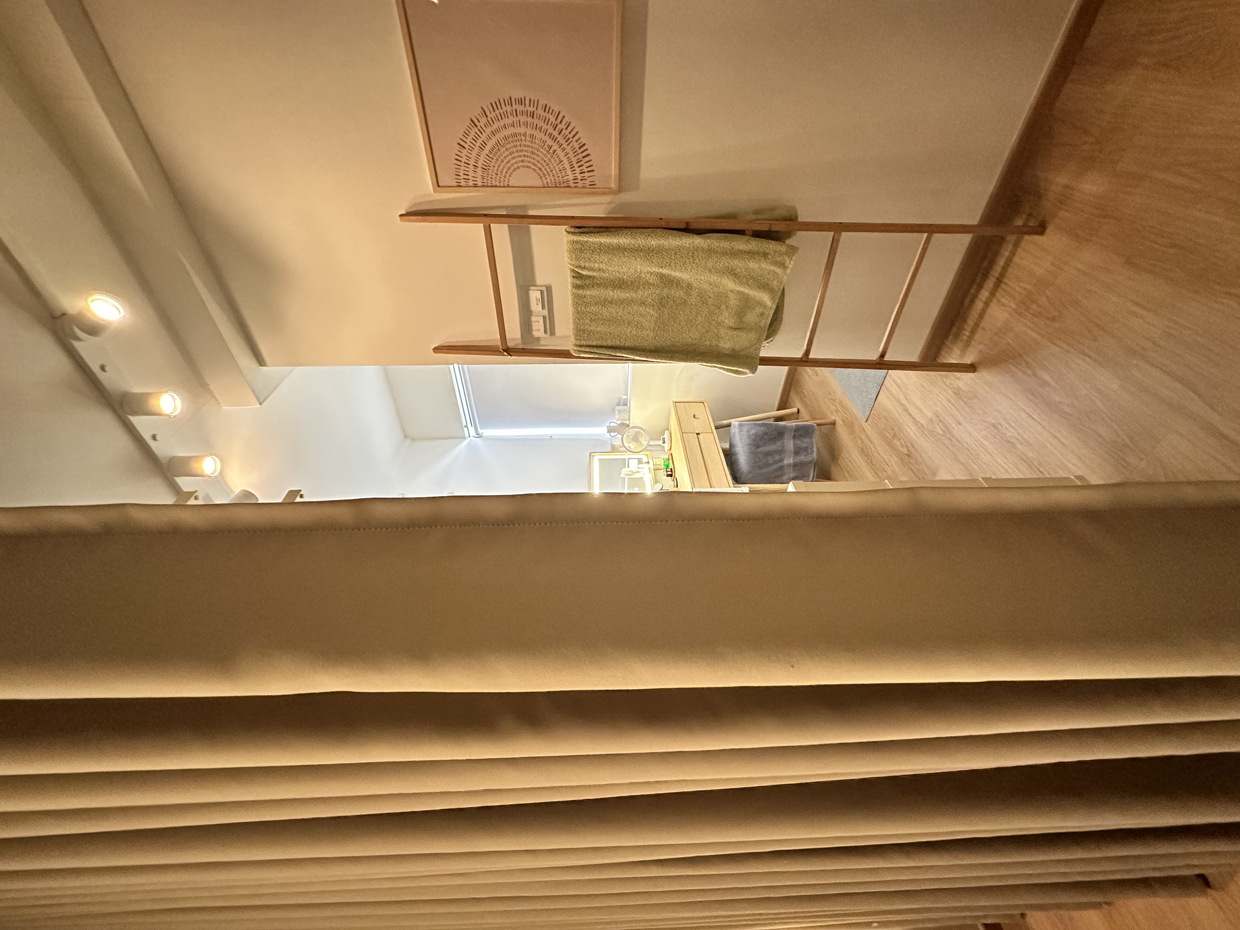 40 YO 3Rm Resale HDB in Tampines: 75K Reno Japandi-inspired Home - ceiling, light fixture, wooden railing, green towel