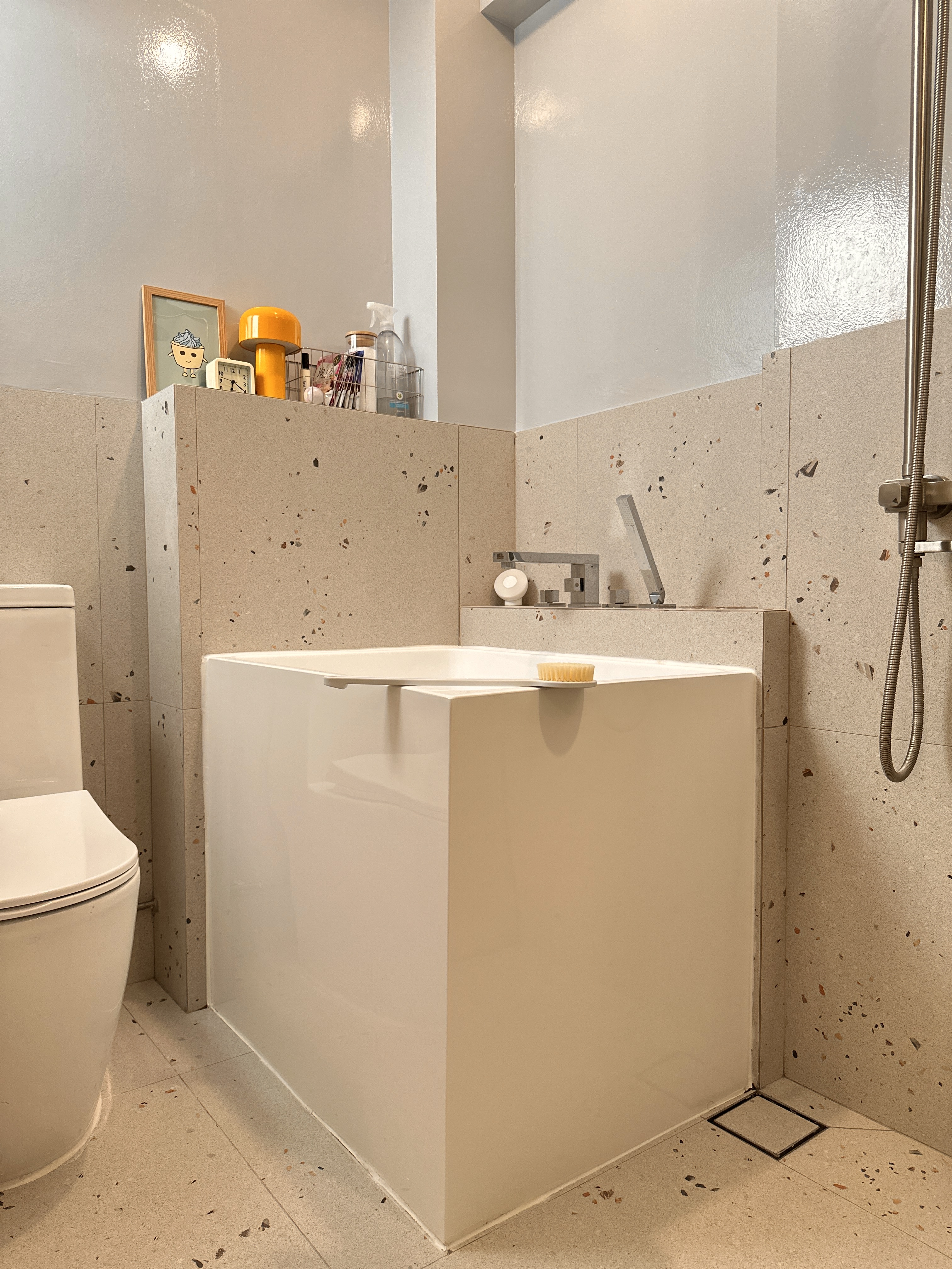 40 YO 3Rm Resale HDB in Tampines: 75K Reno Japandi-inspired Home - Modern minimalist bathroom, white toilet, beige speckled