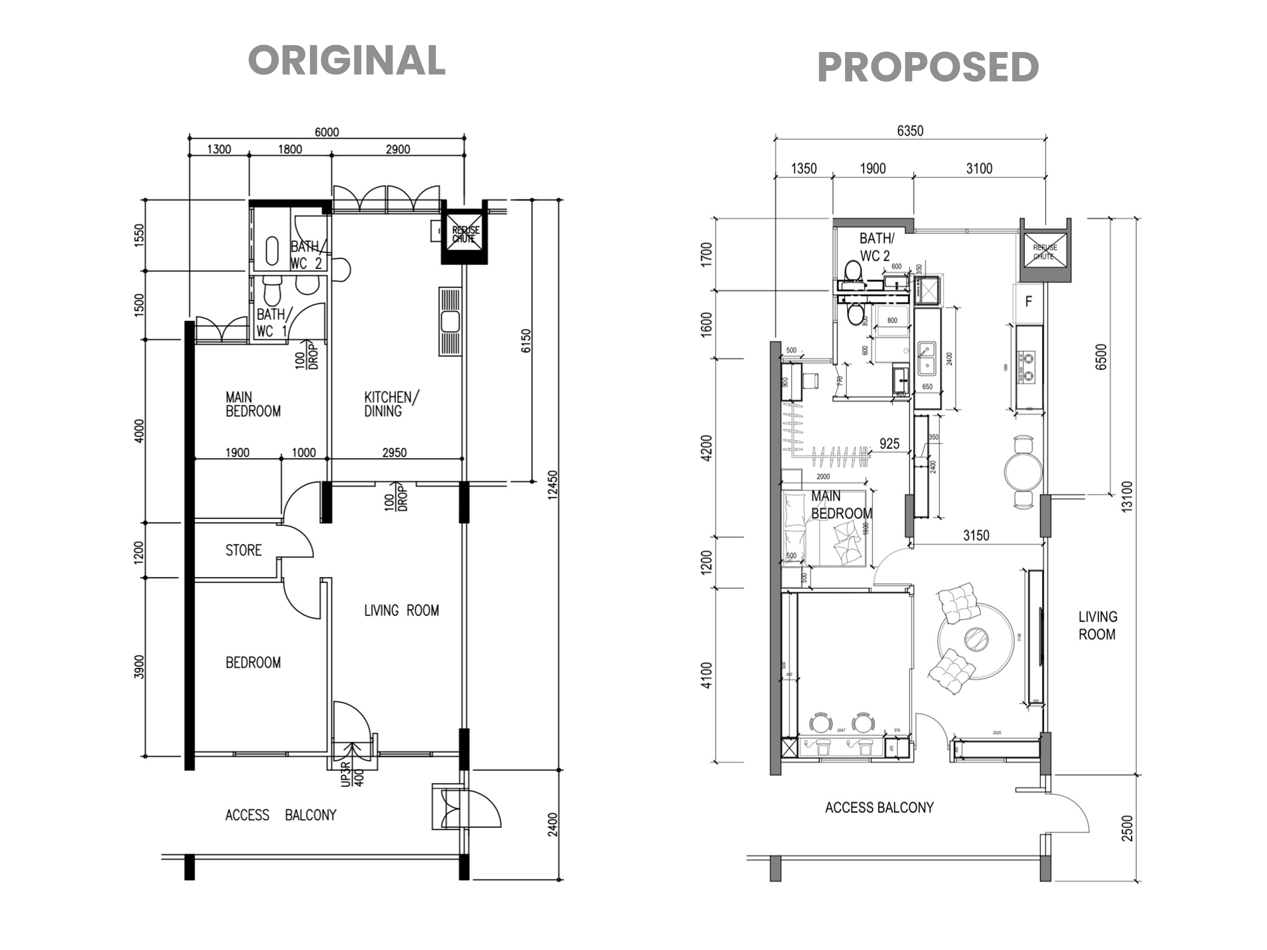 40 YO 3Rm Resale HDB in Tampines: 75K Reno Japandi-inspired Home - Original layout with detailed measurements and room