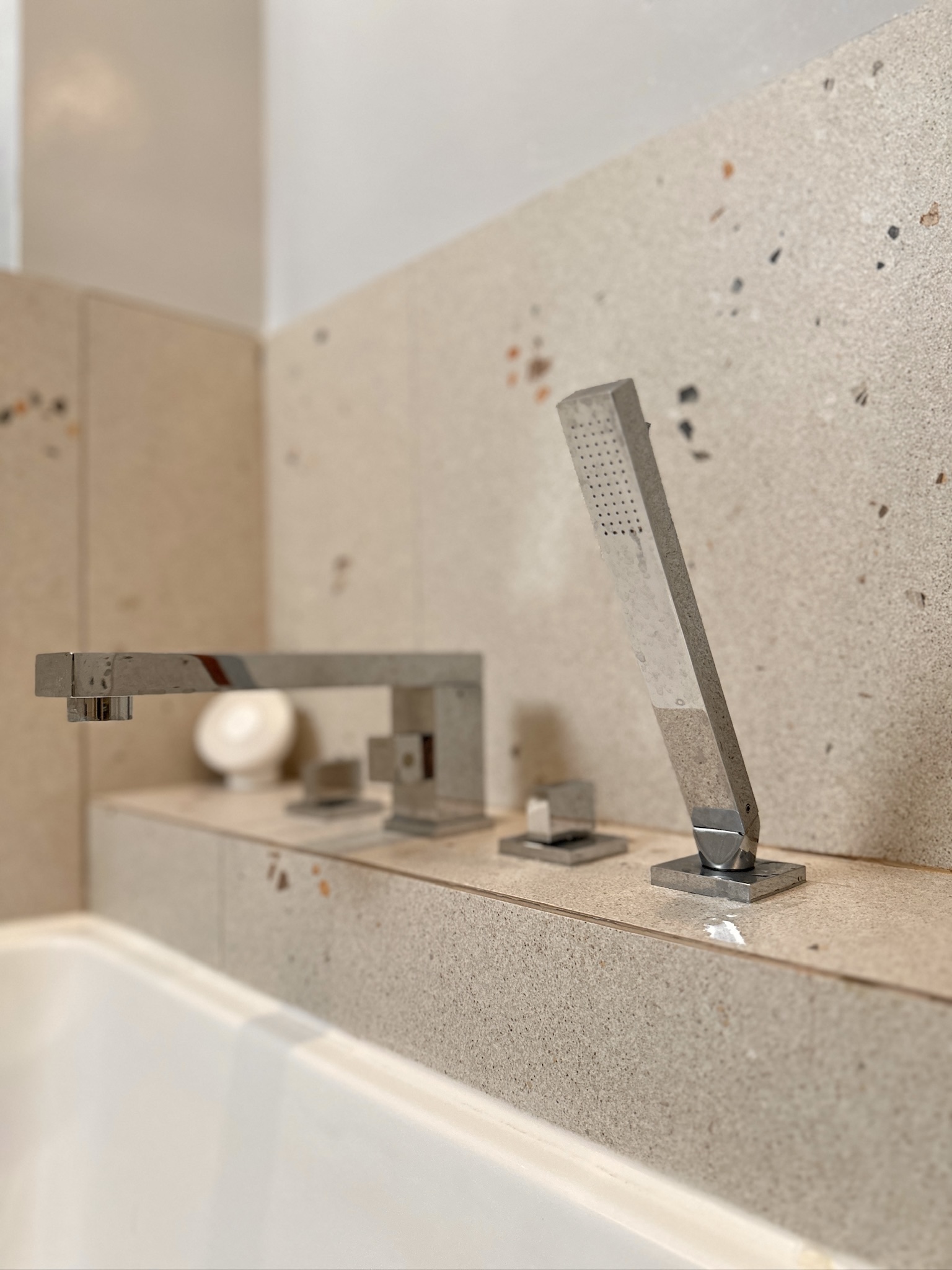 40 YO 3Rm Resale HDB in Tampines: 75K Reno Japandi-inspired Home - Modern bathroom vanity, sleek faucet, metallic design