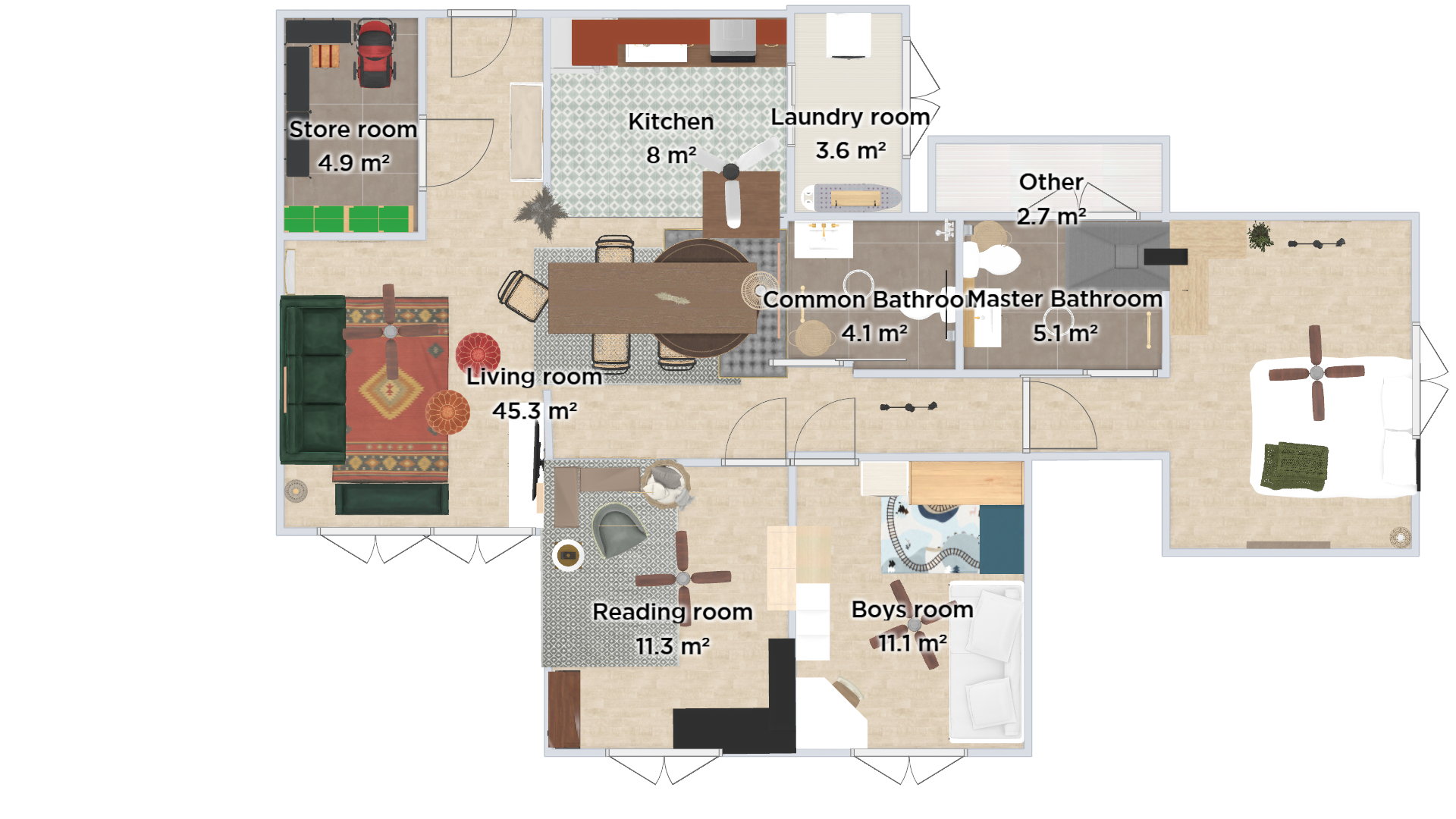 Airy and Inviting: A $26K Bohemian Mediterranean 4-RM BTO - Modern apartment layout, 3 m² total area, 1 m² boys room, 3 m²