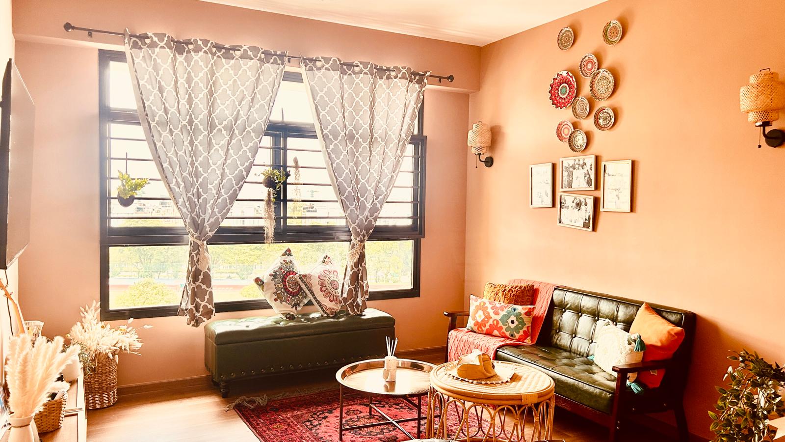 Airy and Inviting: A $26K Bohemian Mediterranean 4-RM BTO - Sunlit windows with patterned curtains, green cushioned bench