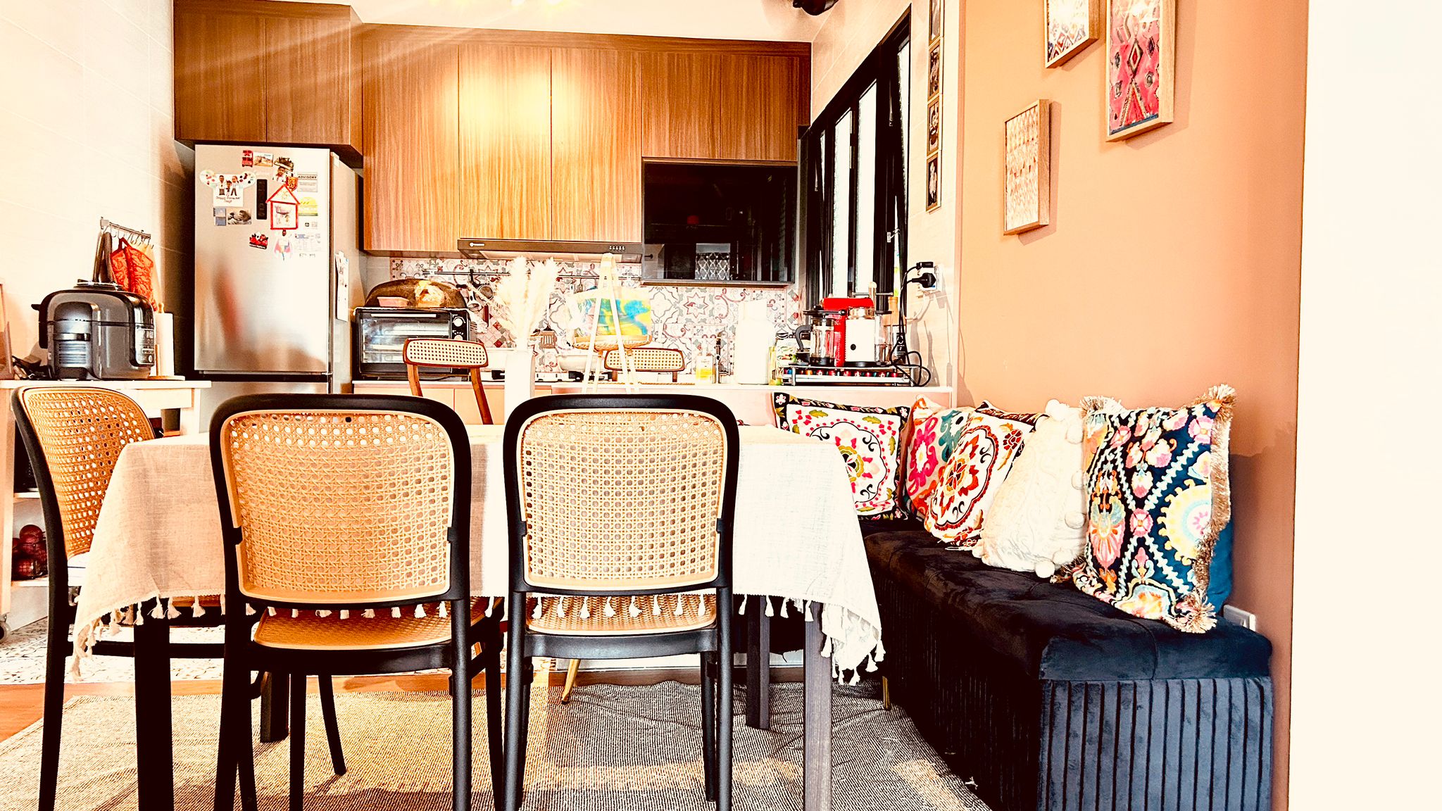 Airy and Inviting: A $26K Bohemian Mediterranean 4-RM BTO - Wooden kitchen cabinets, stainless steel refrigerator, colorful