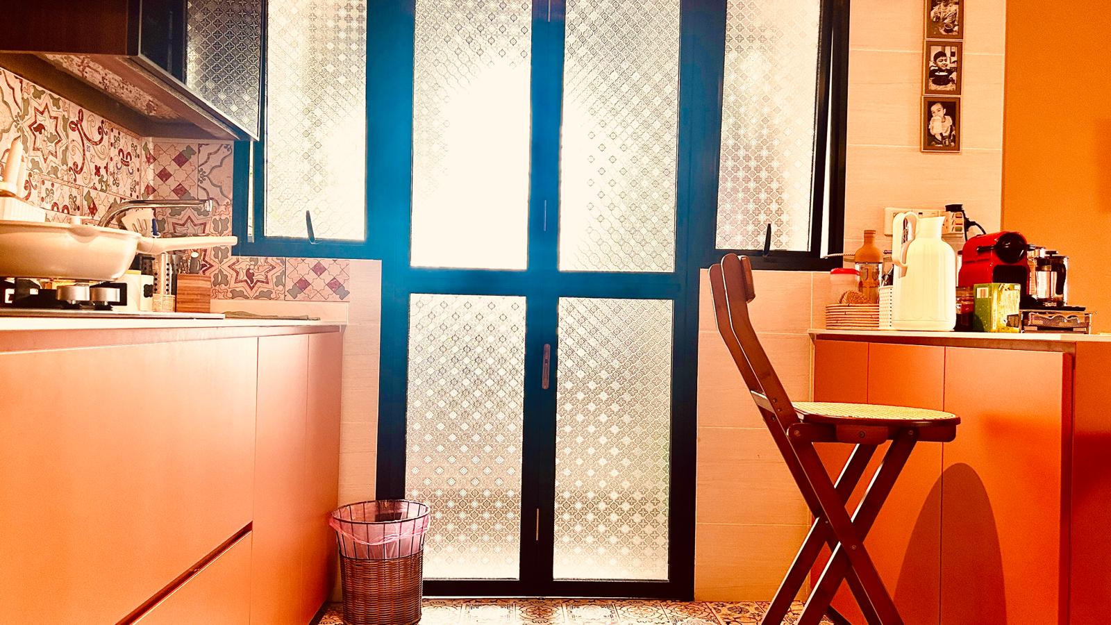 Airy and Inviting: A $26K Bohemian Mediterranean 4-RM BTO - vintage kitchen, orange cabinets, patterned tiles, blue-framed