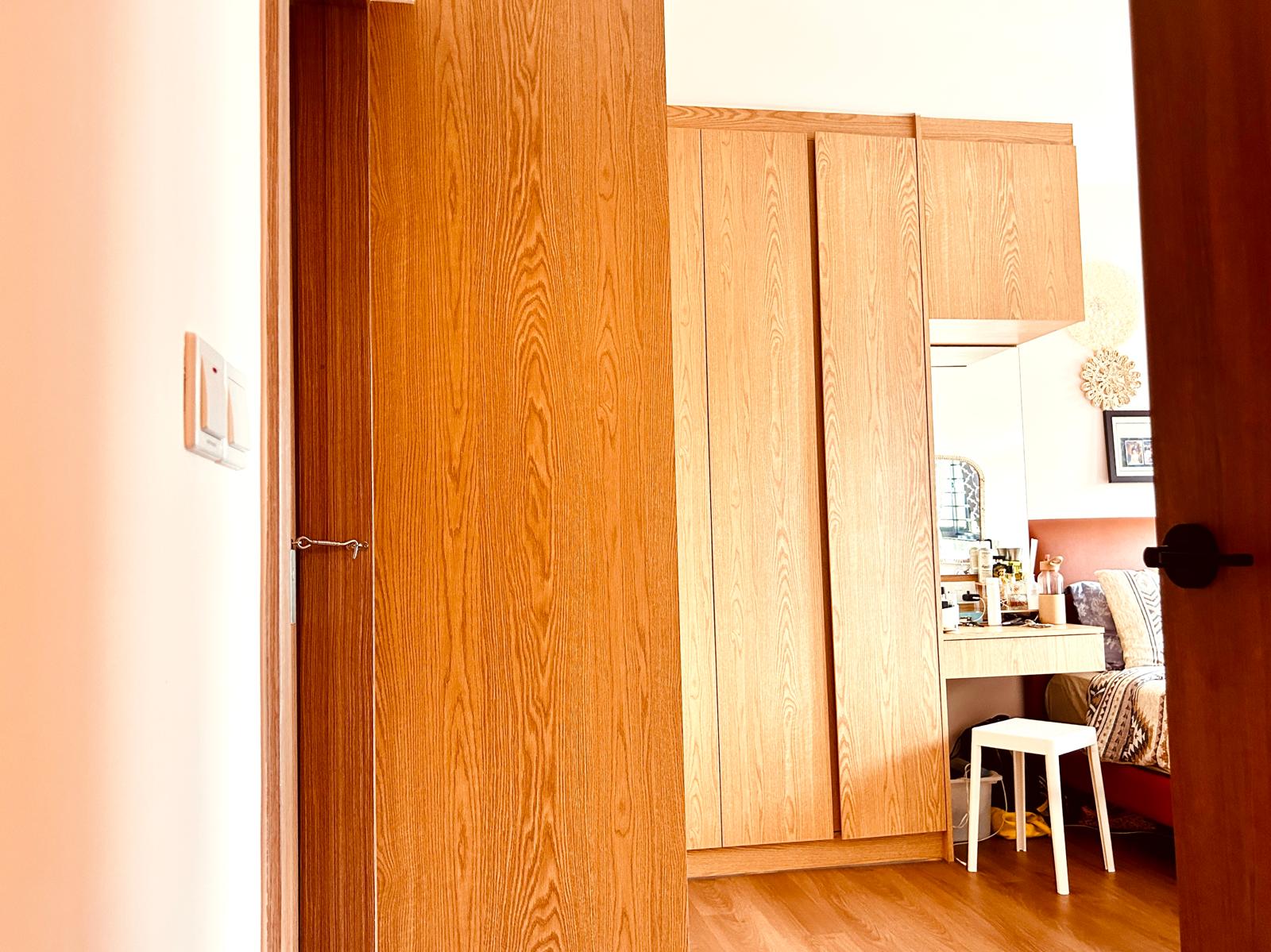 Airy and Inviting: A $26K Bohemian Mediterranean 4-RM BTO - Wooden wardrobe, wooden door, wooden floor, wooden wall, wooden