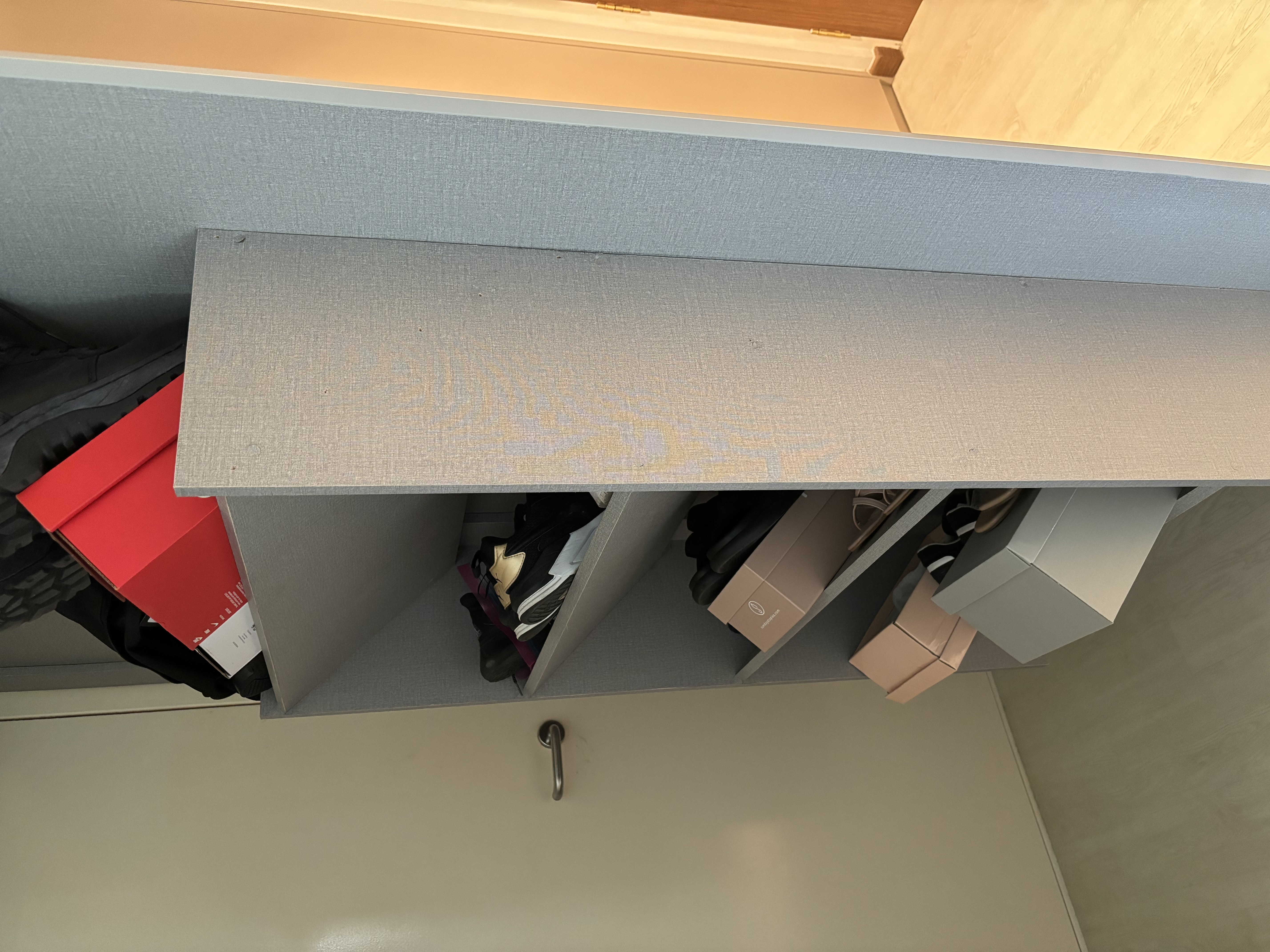 Before and After: Functional Entryway, Maximising Space - Gray storage drawer, neatly organized, open shelves, various items