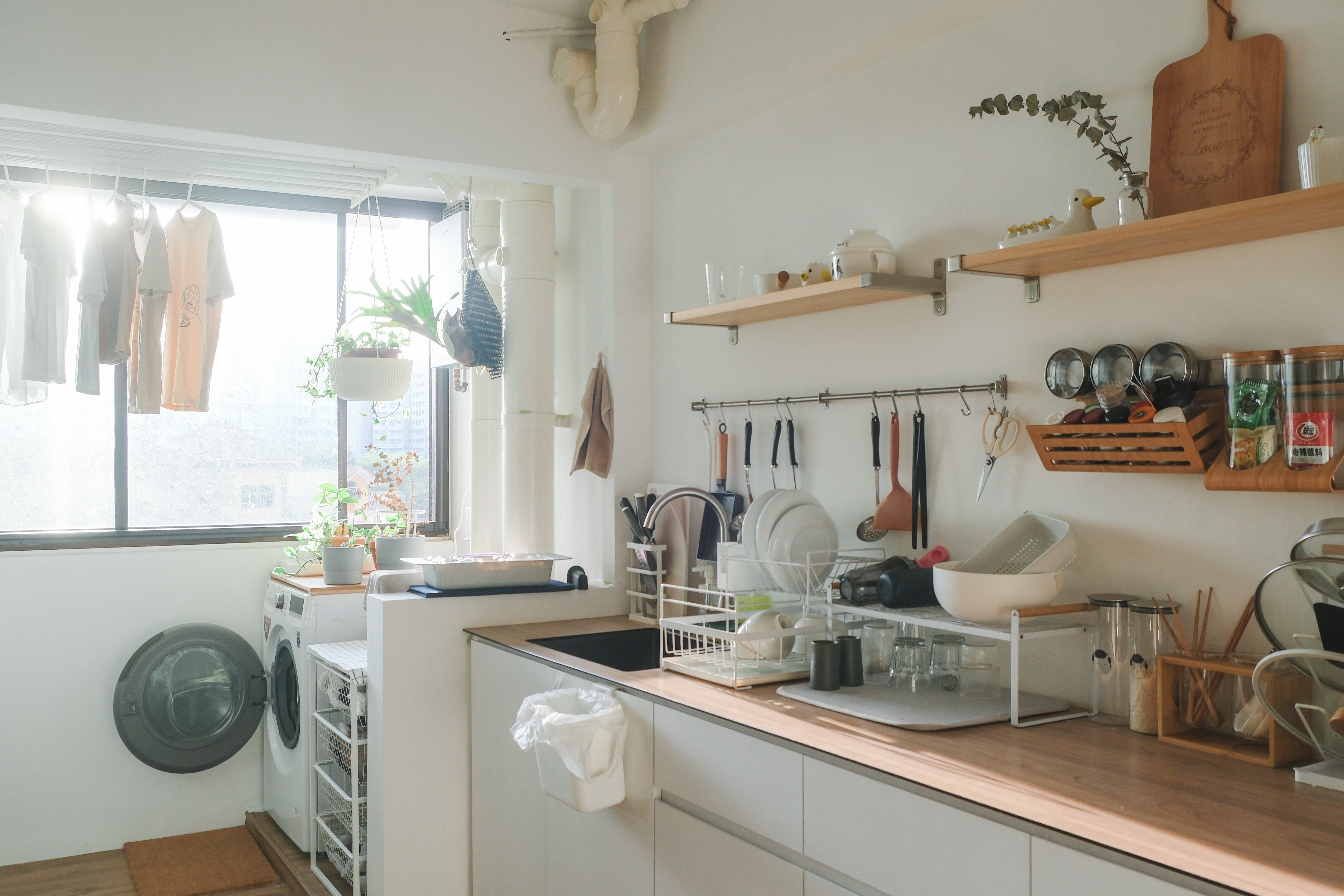 Japandi HDB Home with Unblocked Views: Renovated for Just $15K! - kitchen, laundry room, drying rack, hanging clothes