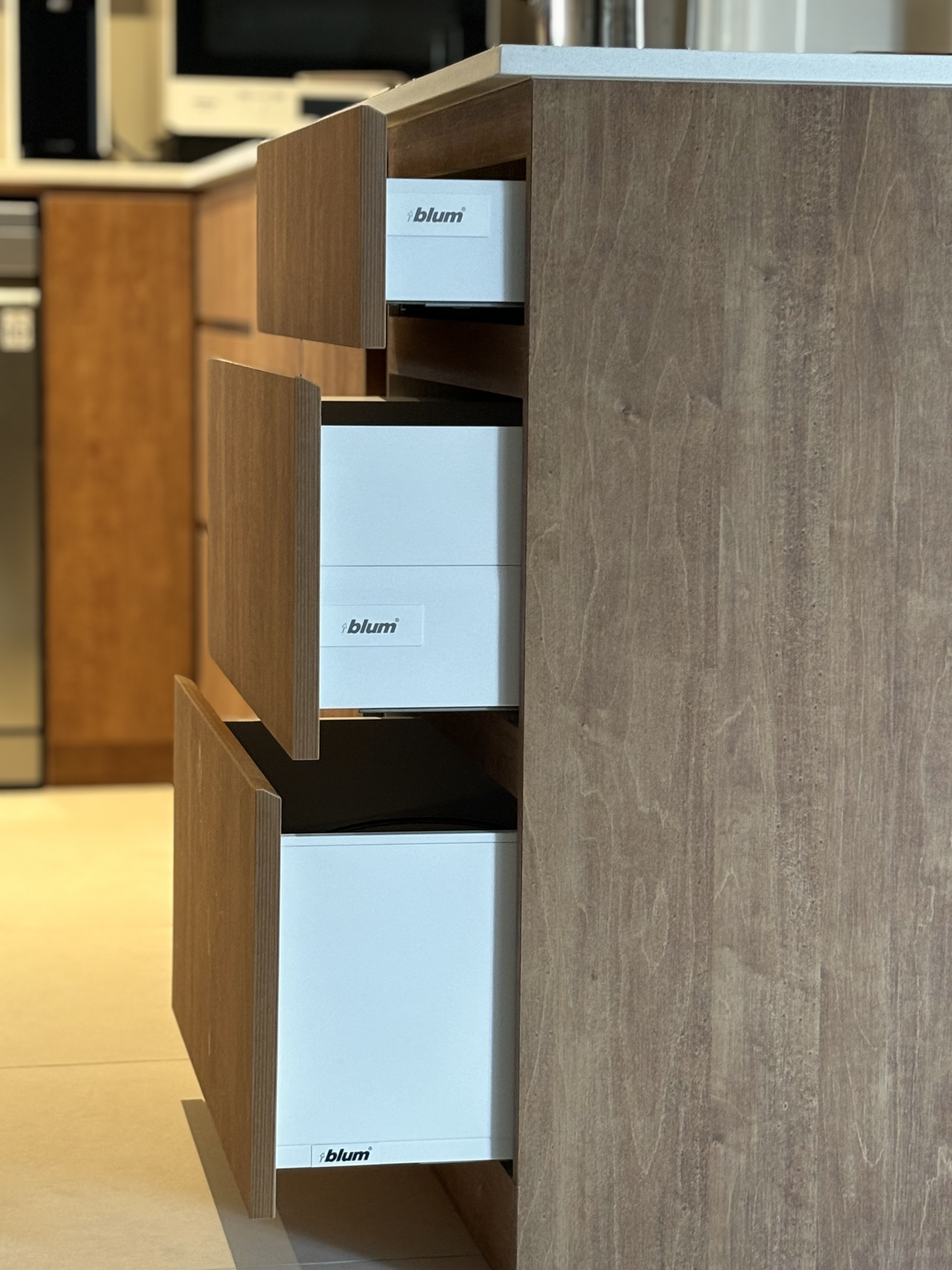 Kitchen: Wooden Open Concept in a 4-rm BTO - Wooden kitchen cabinet, modern design, open drawer, white storage bins, blum