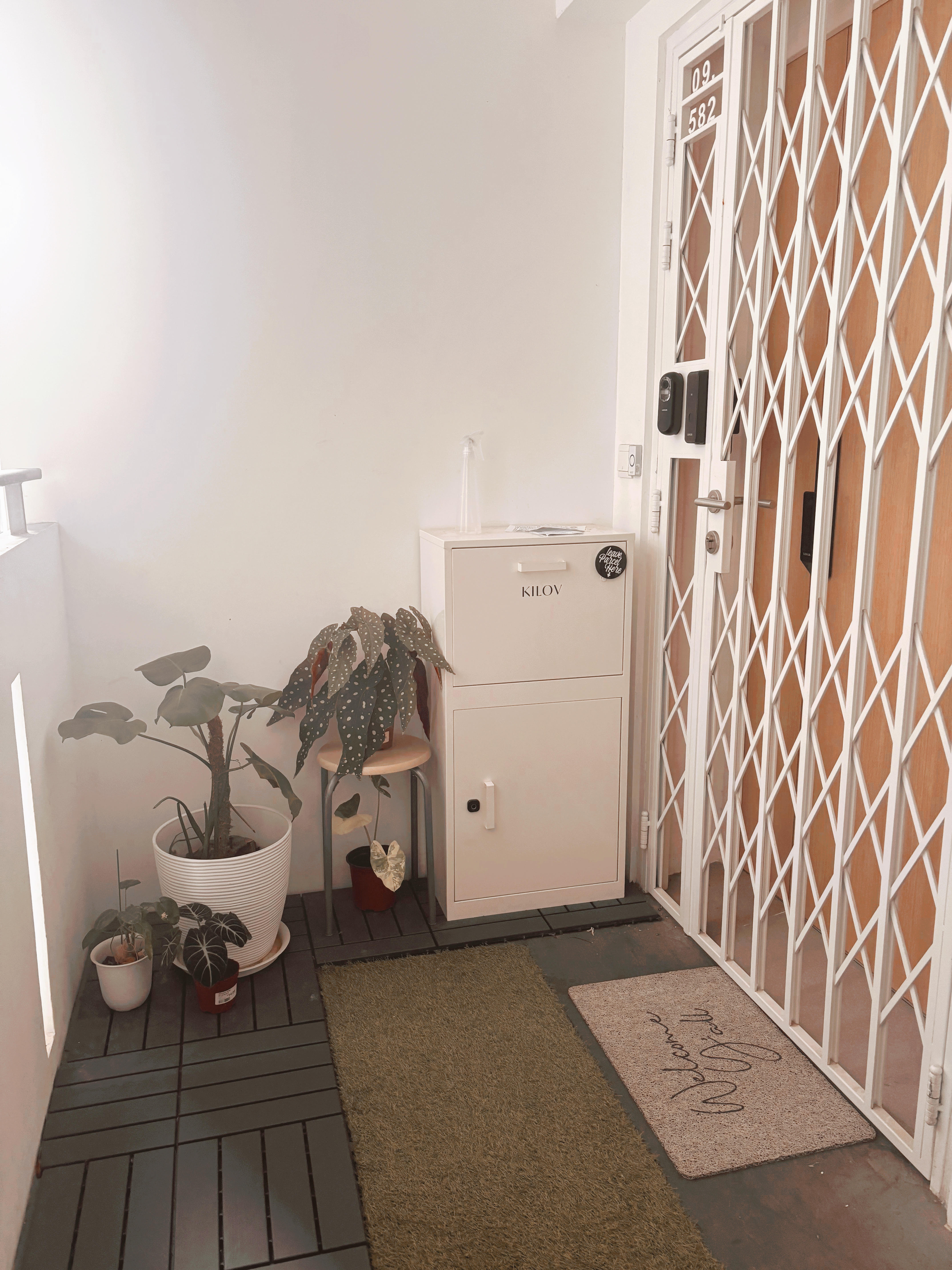 Entrance Glow-Up: Revamping Our Welcoming Space, One Detail at a Time! - White lattice door, white cabinet, potted plants