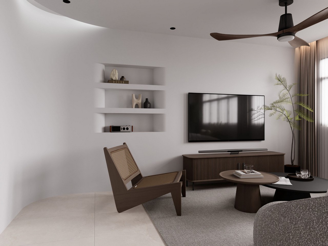 Timeless Is The Theme: Embracing Curves in Our Living Room - Modern minimalist living room, sleek entertainment center