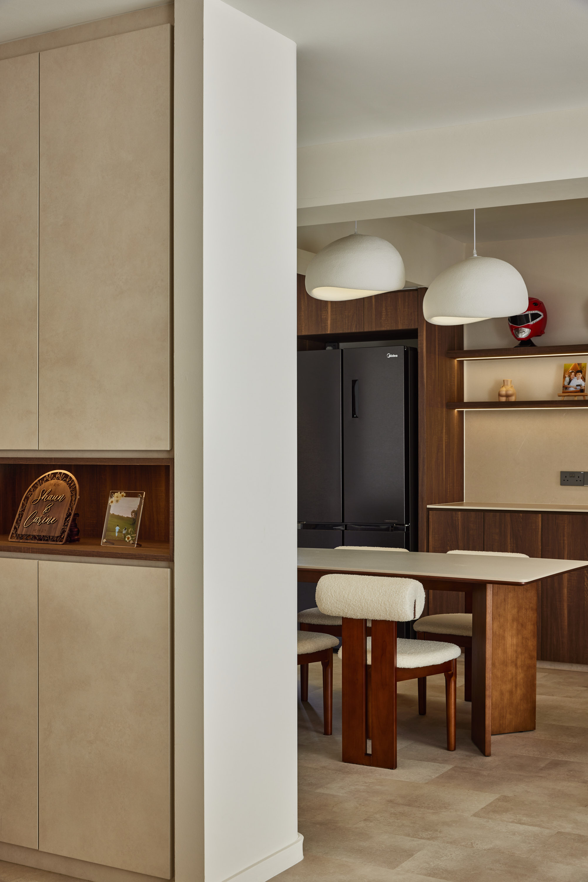 The One With The $80K Glow-Up: Our Modern-Minimalist 5-Room HDB 🏡 - Shelf with decorative items, beige cabinets, wooden