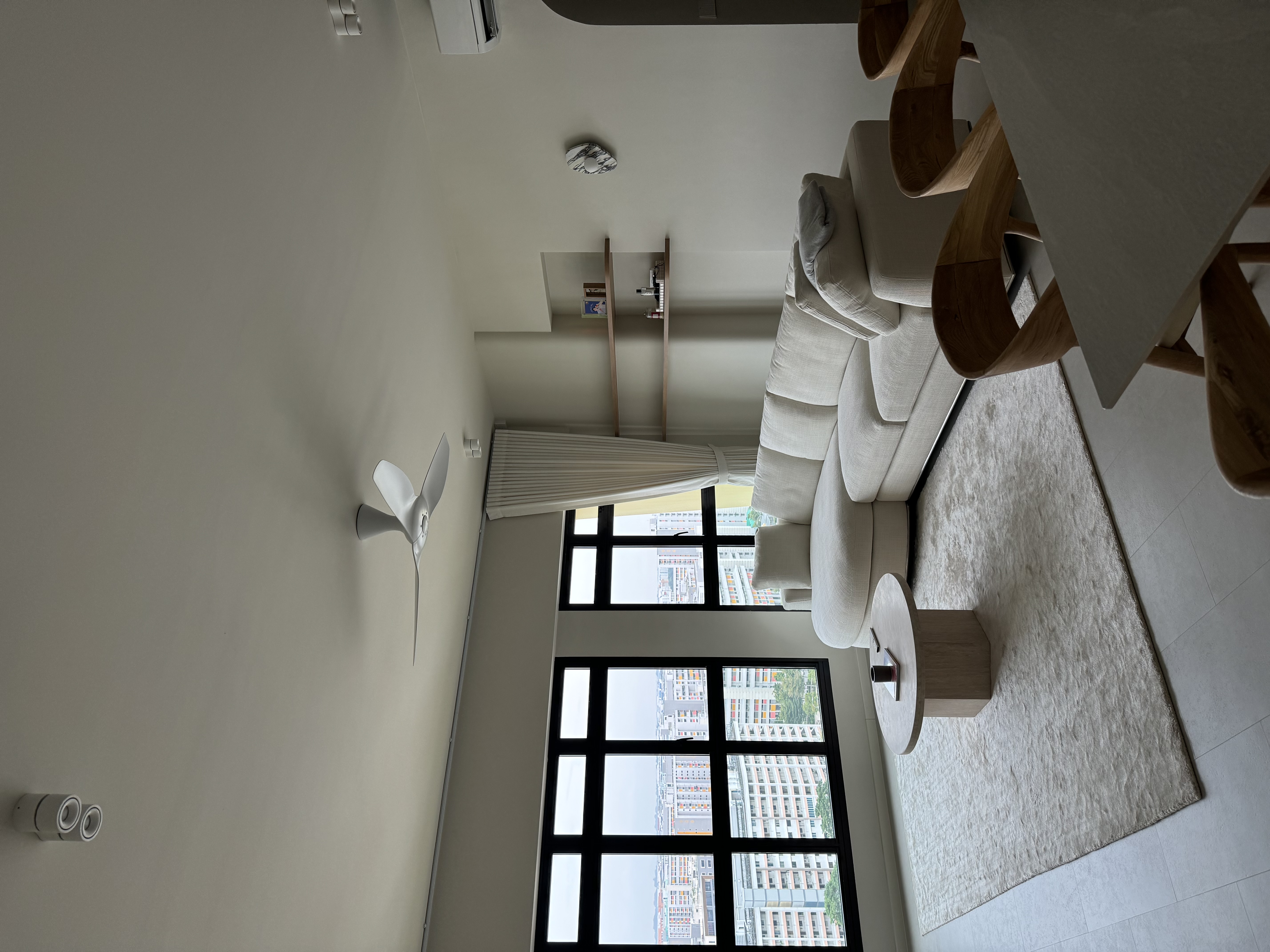 Edition Hotel Inspired House Tour | 5-Room BTO - Modern minimalist living room, large window with city view, white sofa