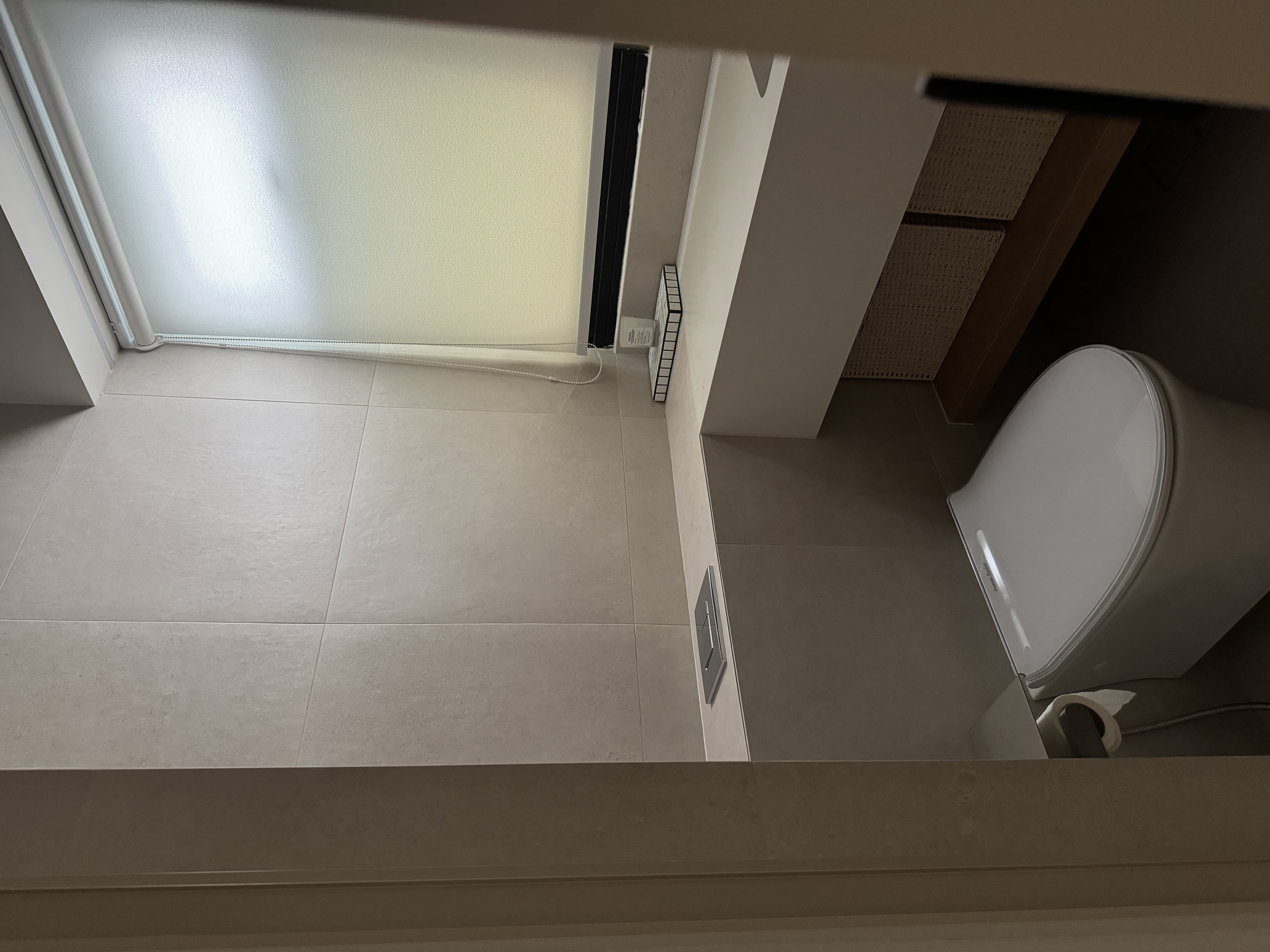 Edition Hotel Inspired House Tour | 5-Room BTO - Modern minimalist bathroom, tiled floor, white toilet, sleek design, neutral