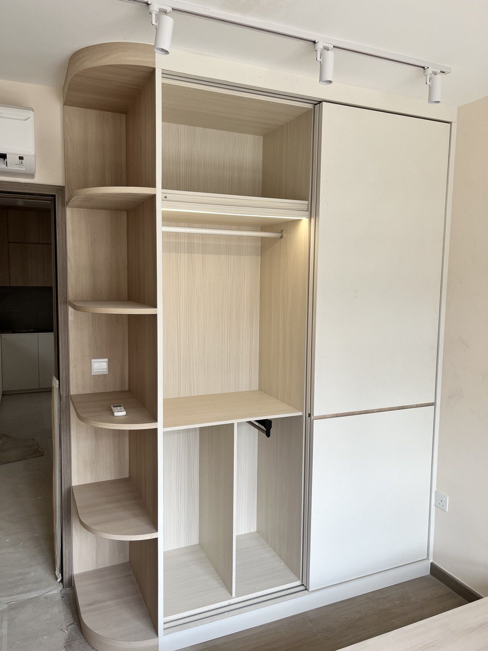 Before & After: Queen-Sized Storage Platform Bed in the Common Room? - Wooden shelving unit, minimalist design, integrated