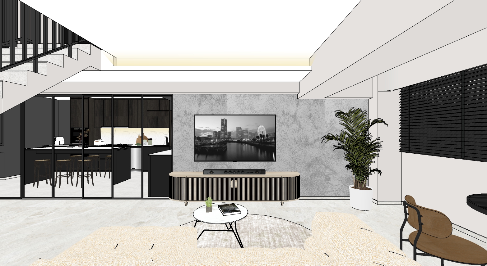 Moody and Minimalist Living Room - with no built-ins  - Modern living room with sleek design, black and white color scheme