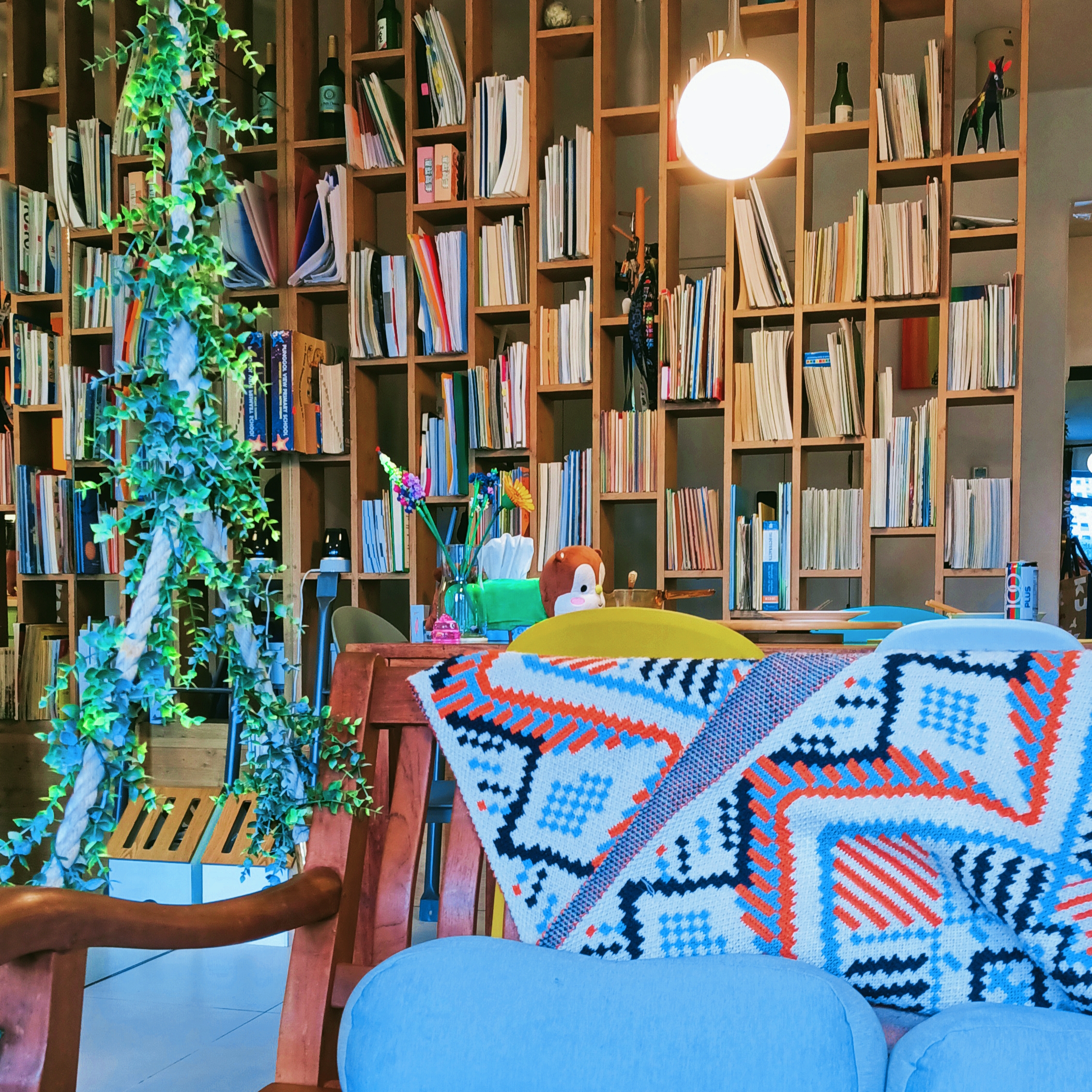 26K Cozy Rustic Home with Swing and Study Corridor - Bookshelf filled with books, green ivy plant, colorful blanket, wooden