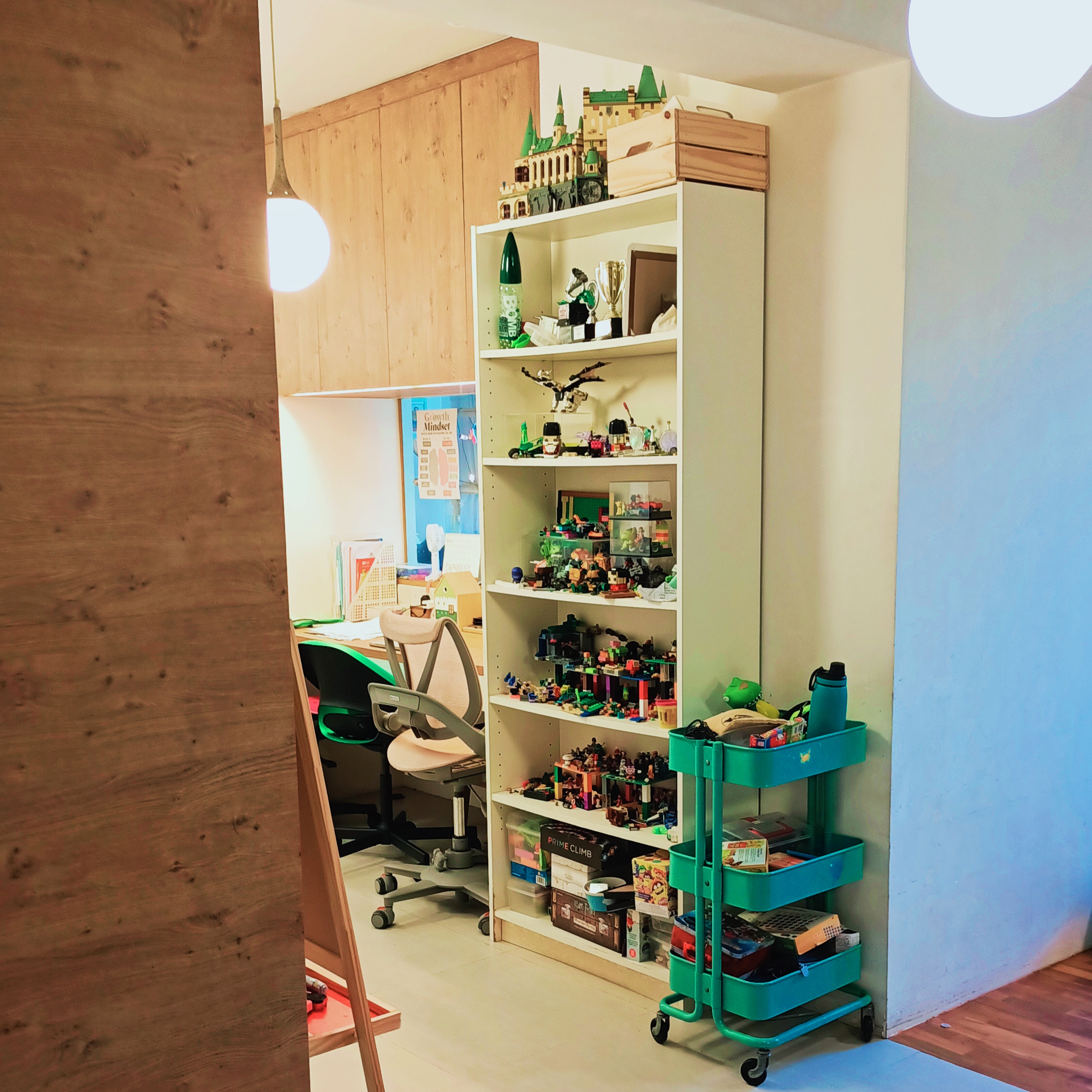 26K Cozy Rustic Home with Swing and Study Corridor - Wooden wall, wooden ceiling, hanging light, white shelving, green toy