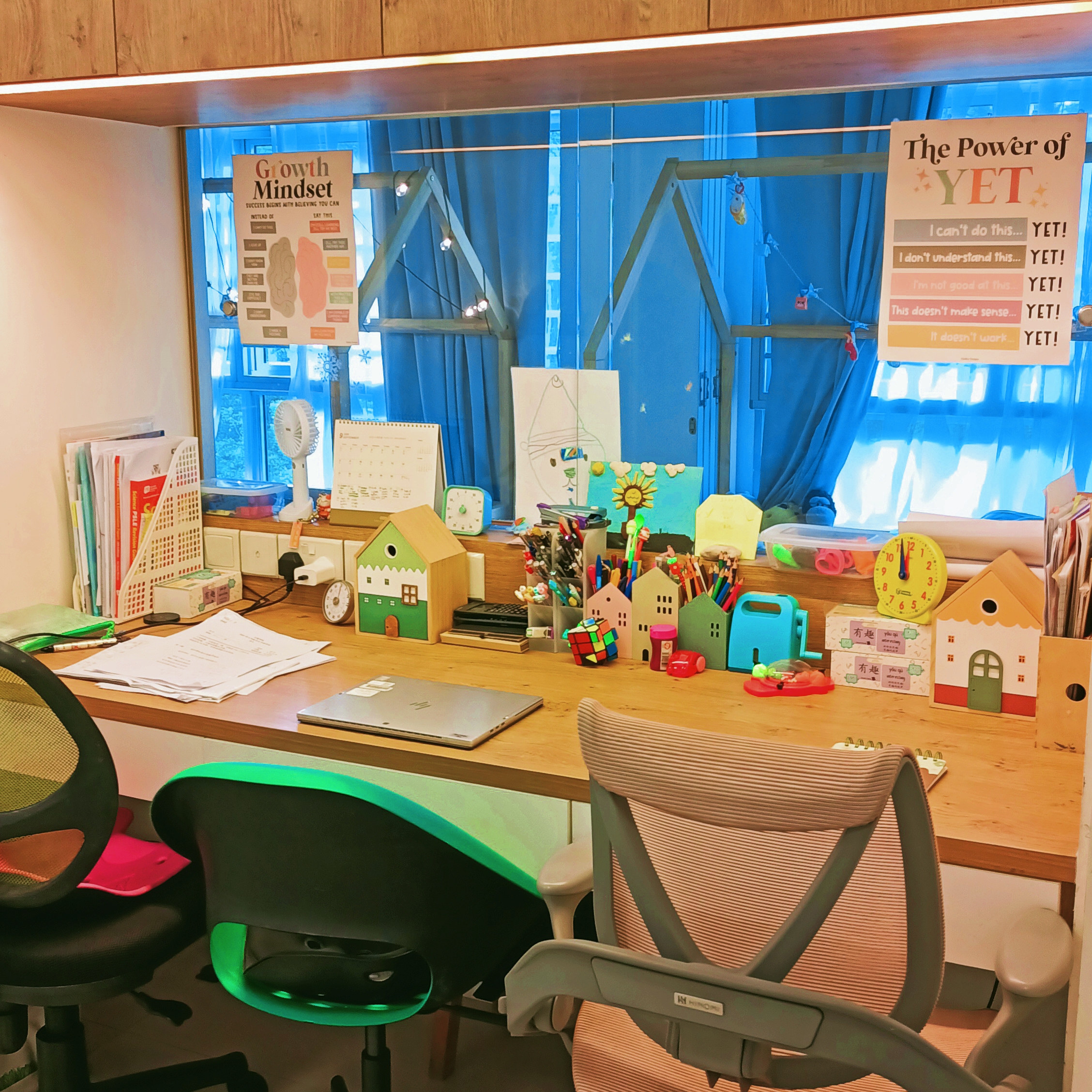 26K Cozy Rustic Home with Swing and Study Corridor - Wooden desk, colorful desk organizer, various stationery items