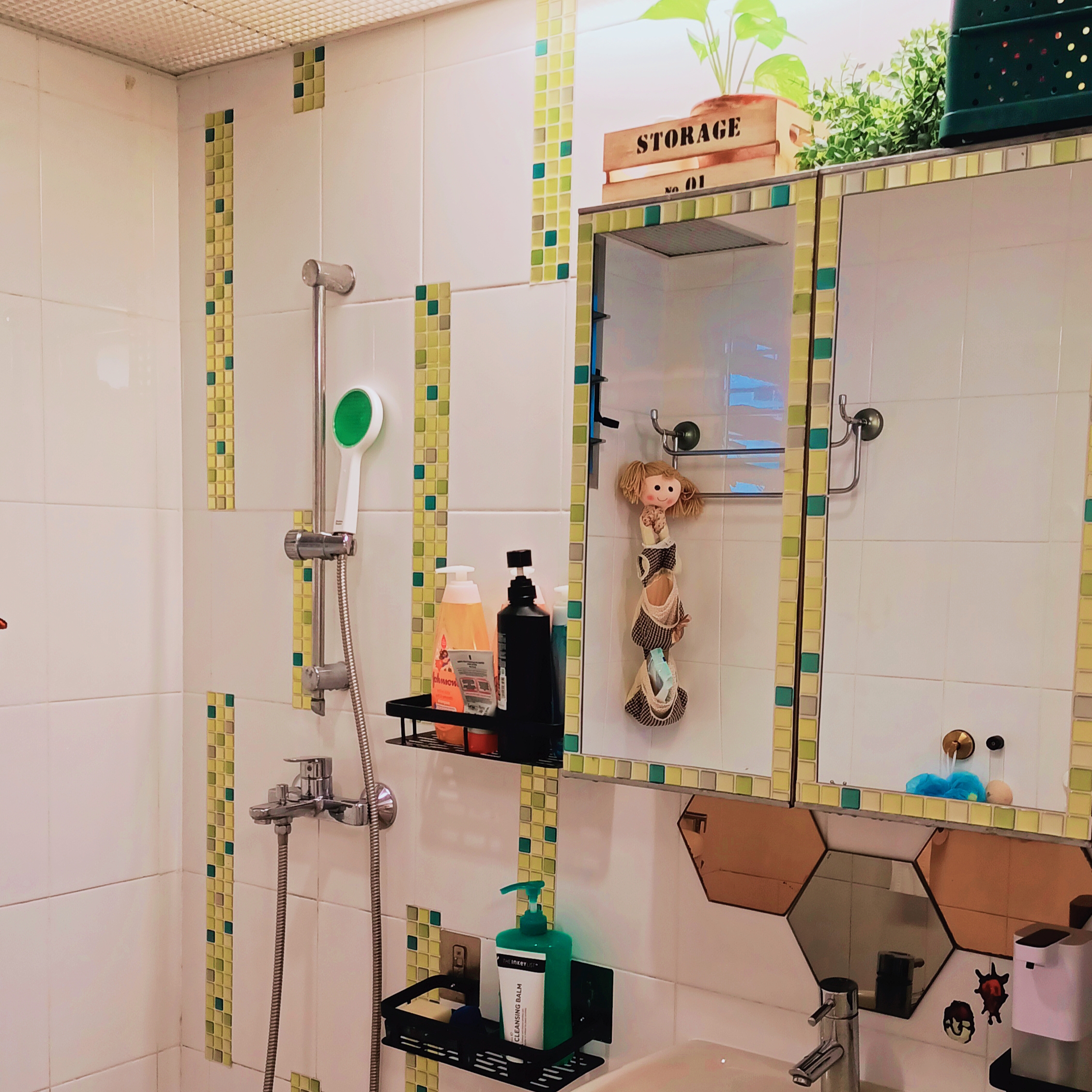 26K Cozy Rustic Home with Swing and Study Corridor - Tiled bathroom, green and yellow mosaic, shower area, white tiles, green