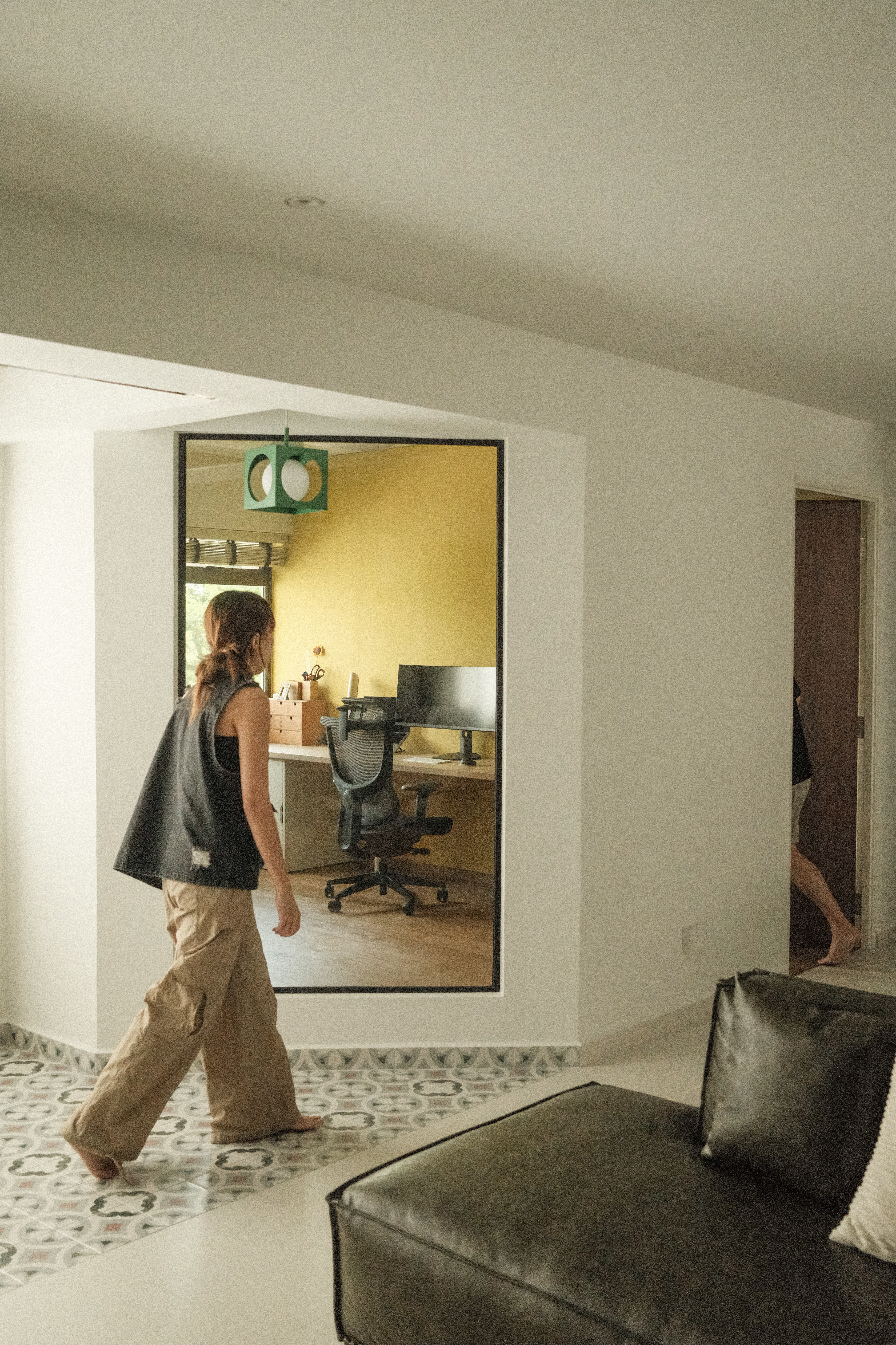 Function Meets Style: A Mid-Century Modern Makeover of our 5rm Resale - woman, walking, entering, office, casual attire