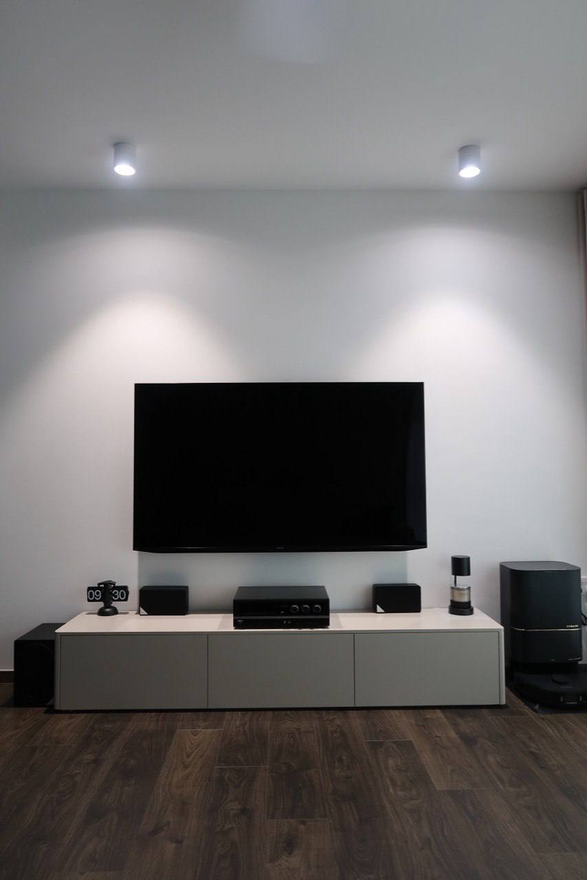 Modern Minimalist 5 Room BTO - Modern minimalist living room, sleek entertainment center, black flat-screen TV, contemporary