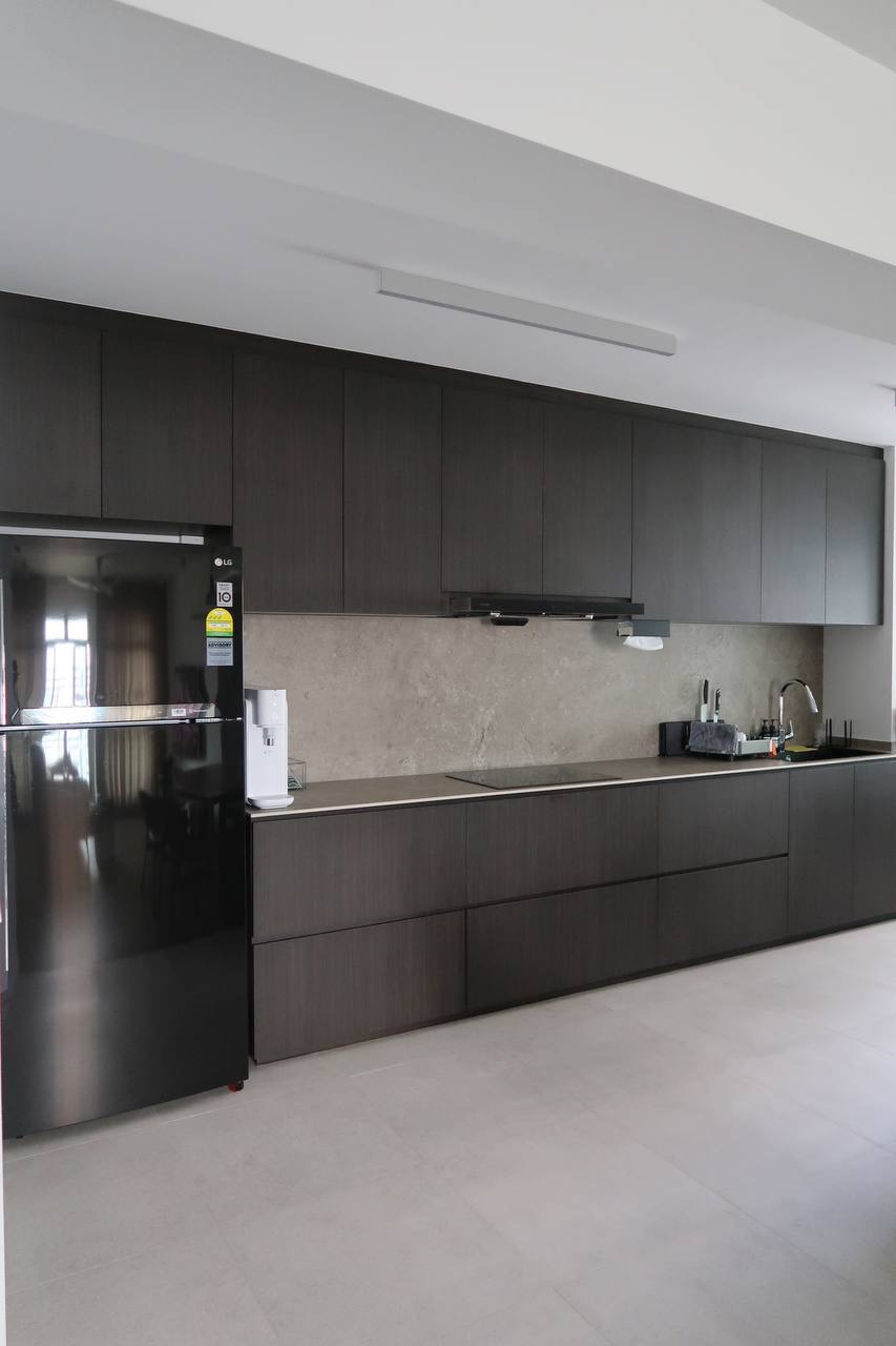 Modern Minimalist 5 Room BTO - Dark cabinetry, sleek refrigerator, modern kitchen, stainless steel appliances, black and gray