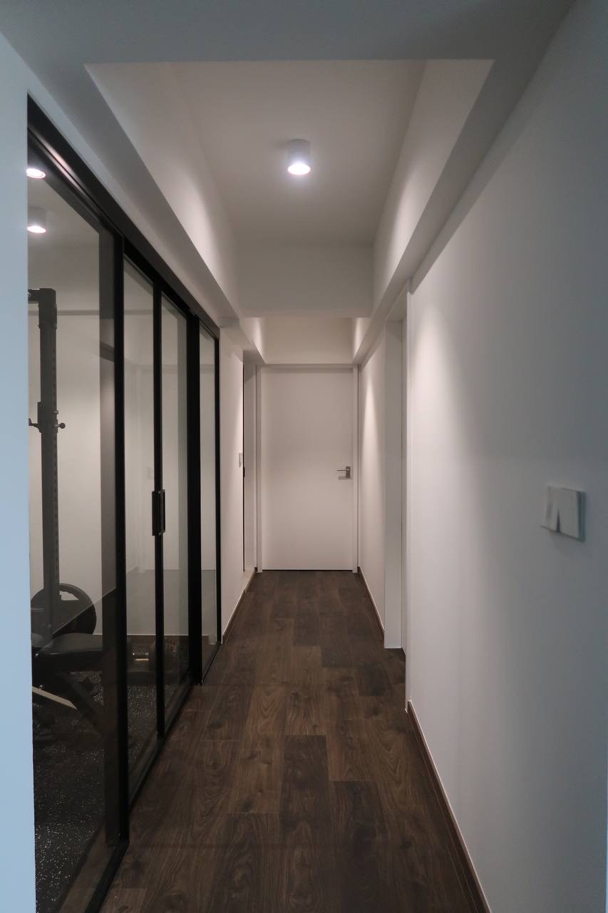 Modern Minimalist 5 Room BTO - Modern minimalist hallway, sleek glass doors, dark wood flooring, contemporary design