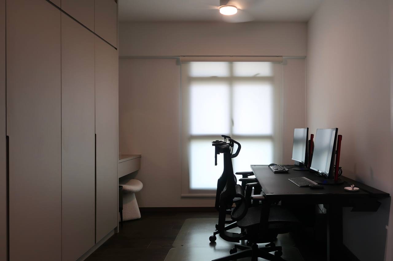 Modern Minimalist 5 Room BTO - Modern workspace, minimalist design, dual monitor setup, ergonomic chair, black office chair