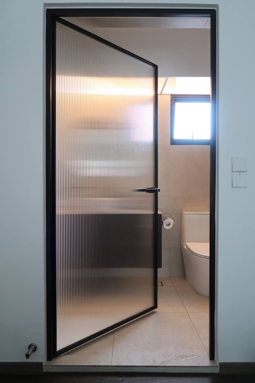 Modern Minimalist 5 Room BTO - Glass door bathroom, modern design, frosted glass, white toilet, beige tiles, light fixture