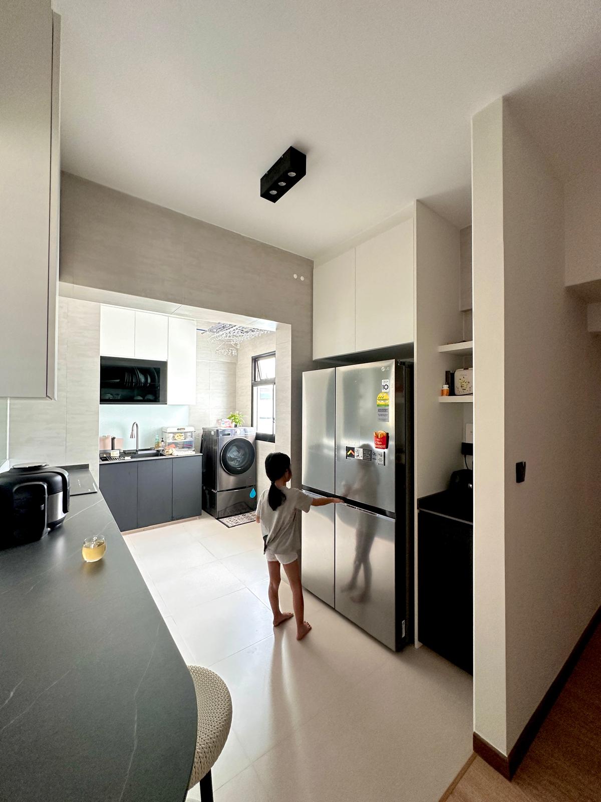 House Tour: Minimalist Home Reno for S$37K | Tampines - Modern kitchen with sleek appliances, stainless steel refrigerator