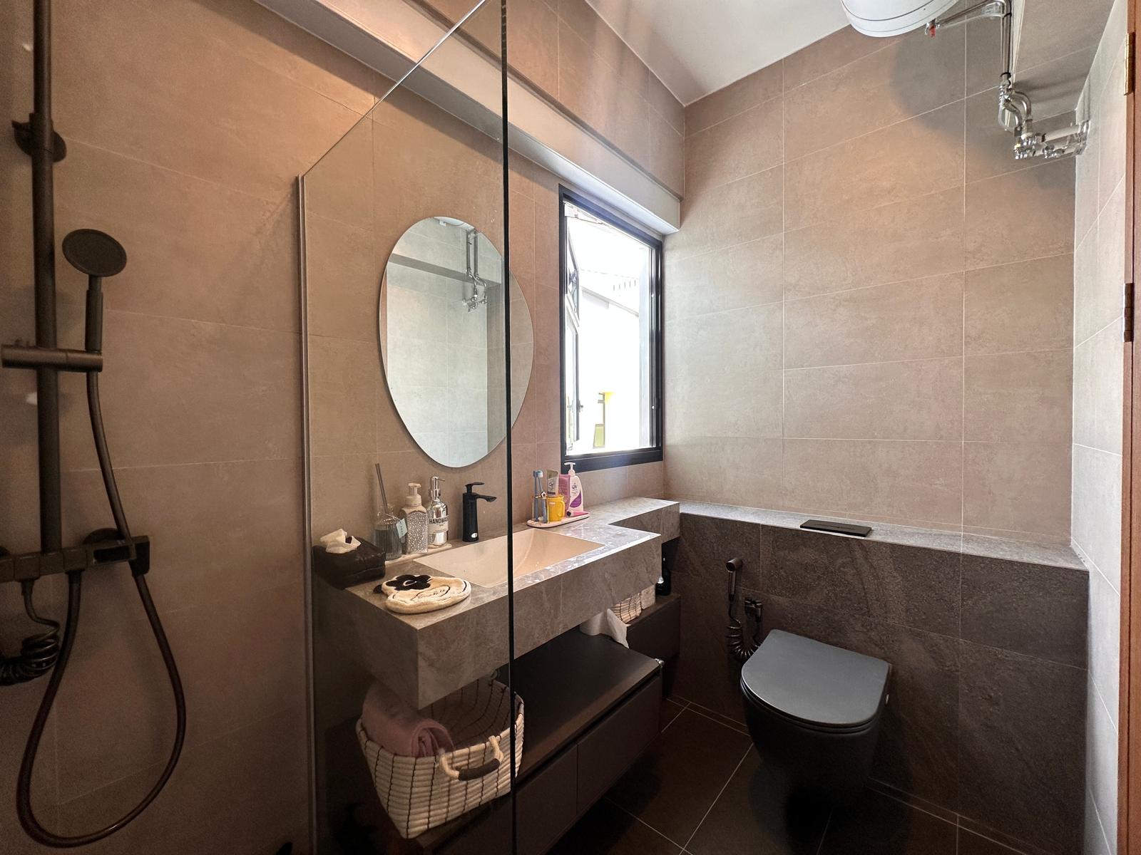 House Tour: Minimalist Home Reno for S$37K | Tampines - Bathroom with modern design, beige tiles, round mirror, built-in