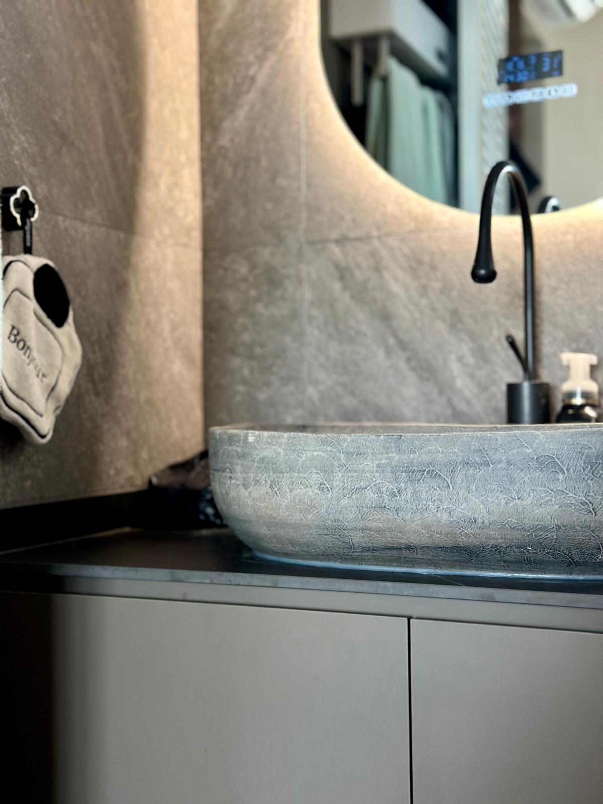 House Tour: Minimalist Home Reno for S$37K | Tampines - Modern bathroom vanity, sleek sink, textured countertop, minimalist