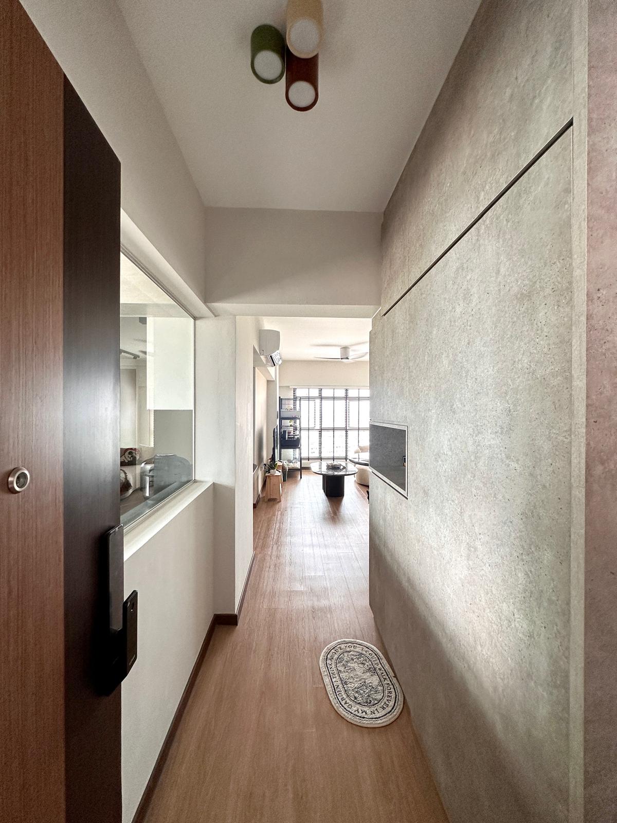 House Tour: Minimalist Home Reno for S$37K | Tampines - Wooden hallway, modern kitchen, light-colored walls, wooden floor