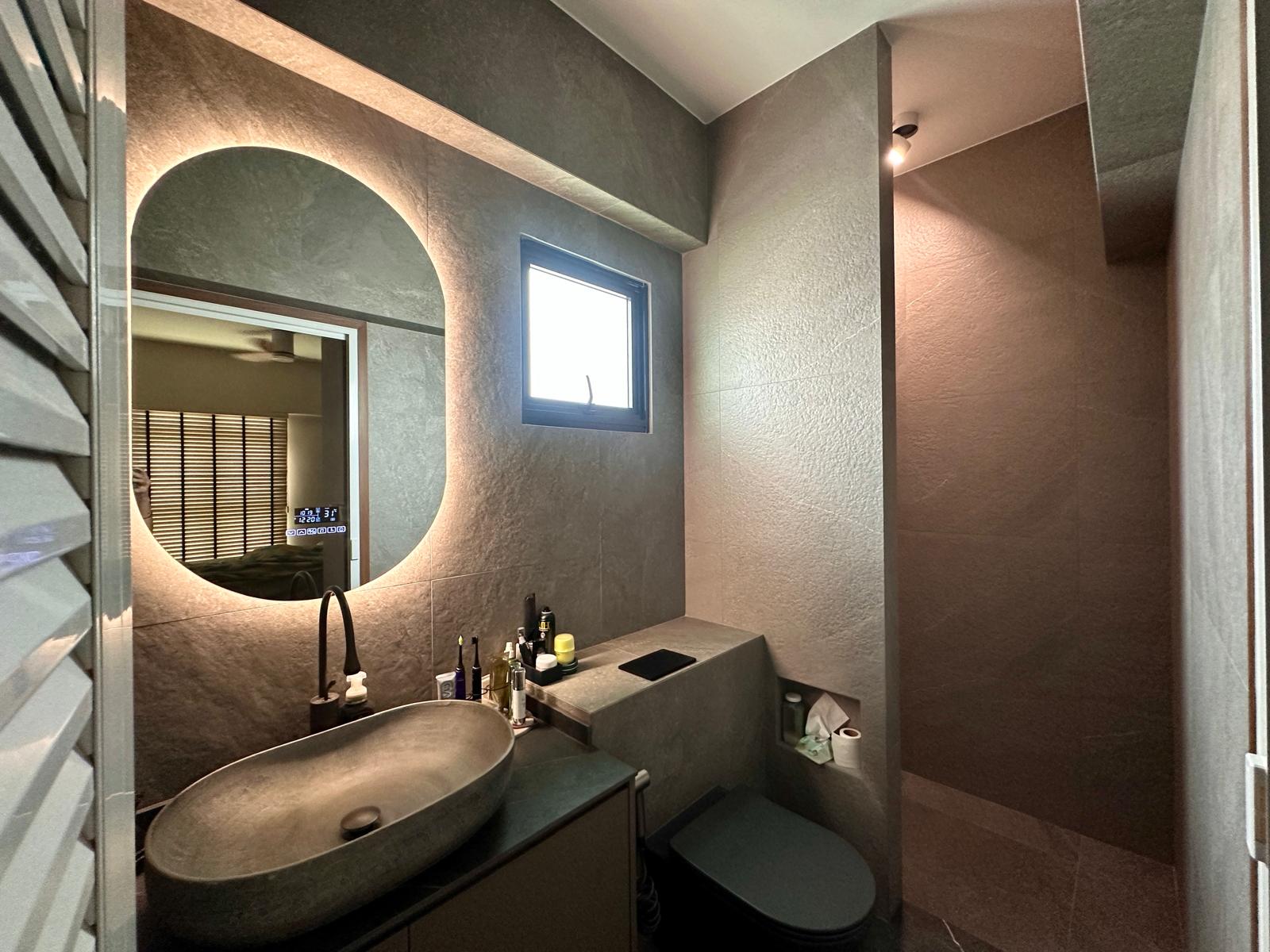 House Tour: Minimalist Home Reno for S$37K | Tampines - Modern minimalist bathroom, sleek design, circular mirror, large