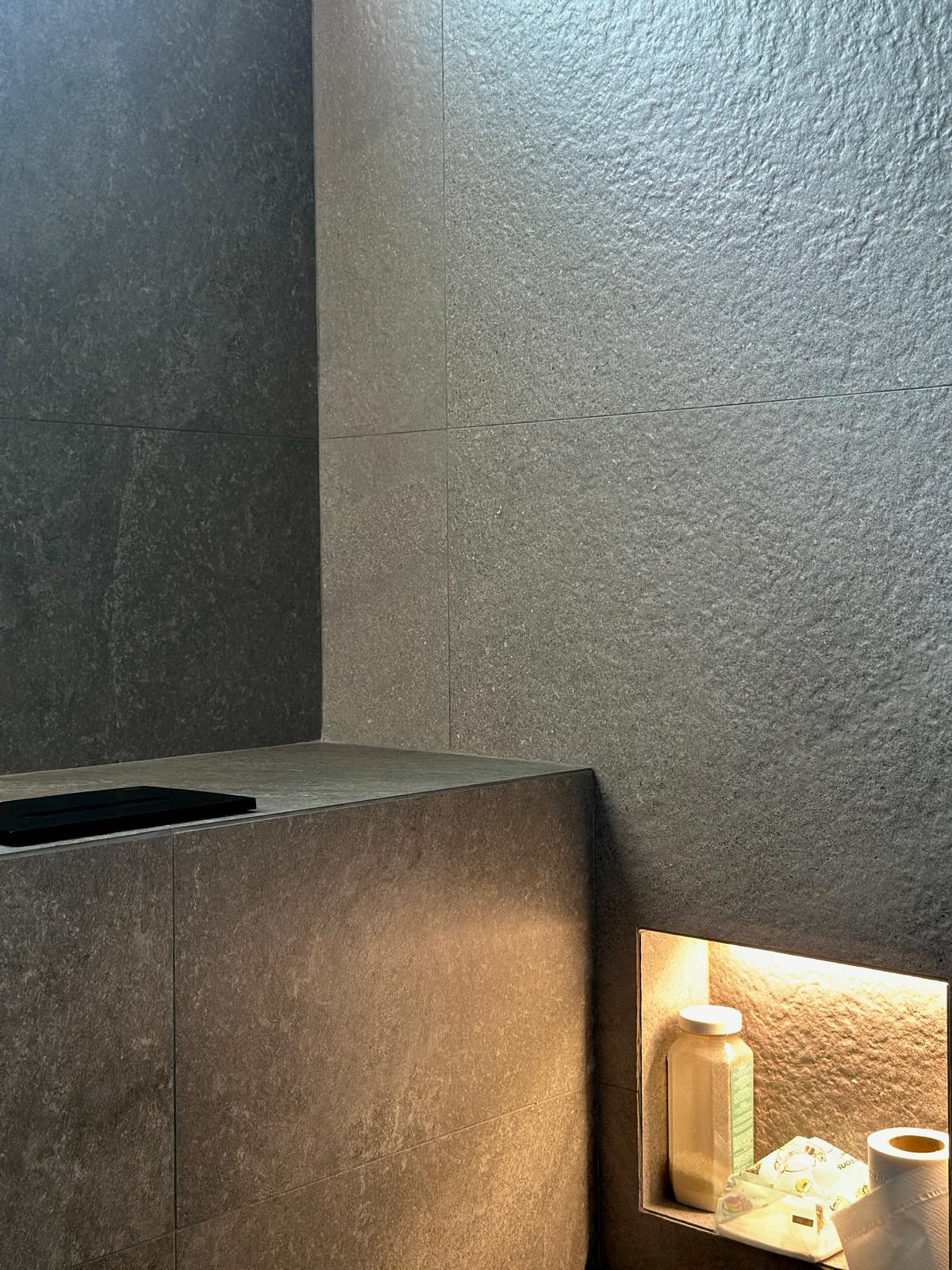 House Tour: Minimalist Home Reno for S$37K | Tampines - modern bathroom counter, minimalist design, textured wall, dark gray