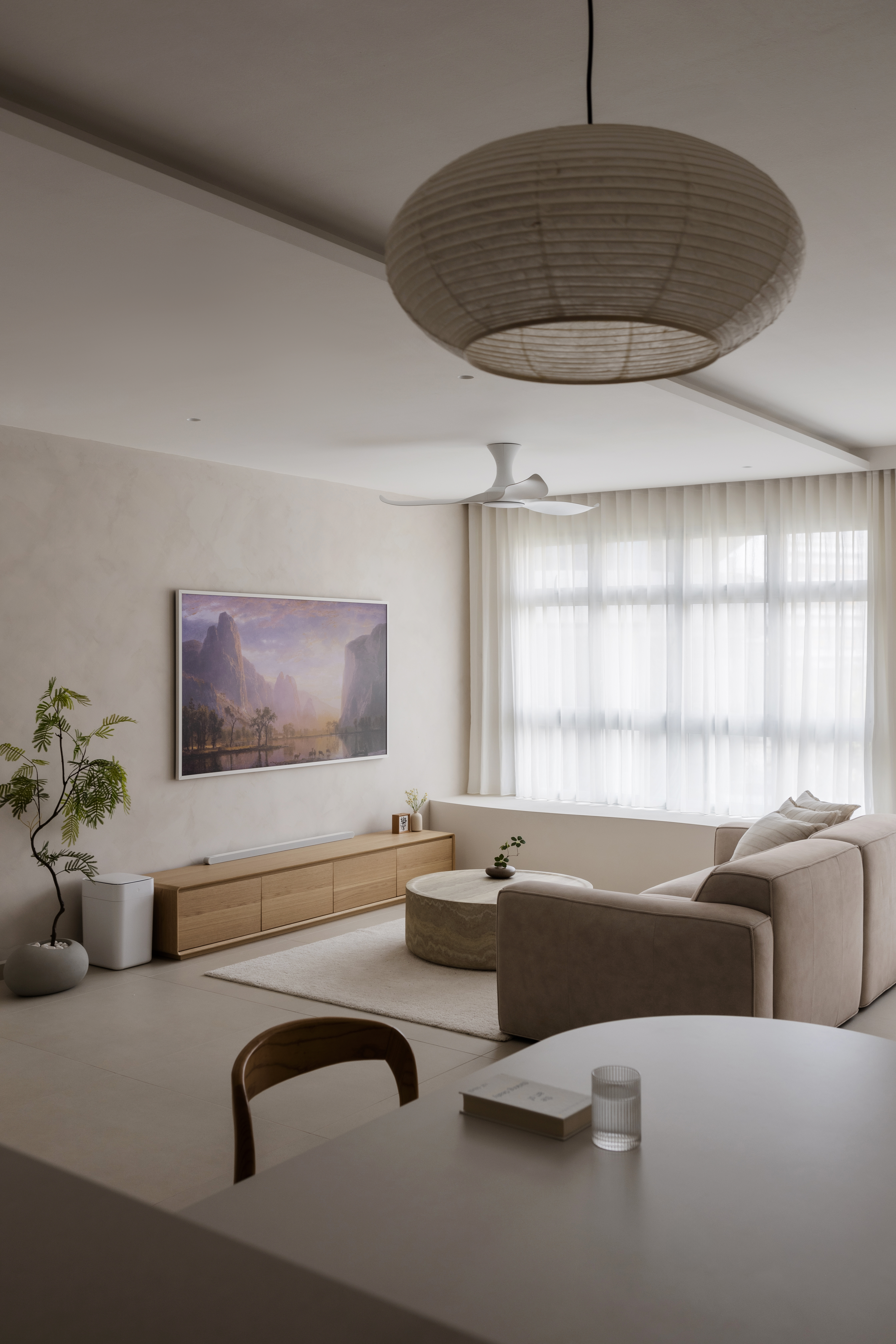 Our House Tour: Inside our warm and cosy 5-room BTO - Modern minimalist living room, large window with sheer curtains