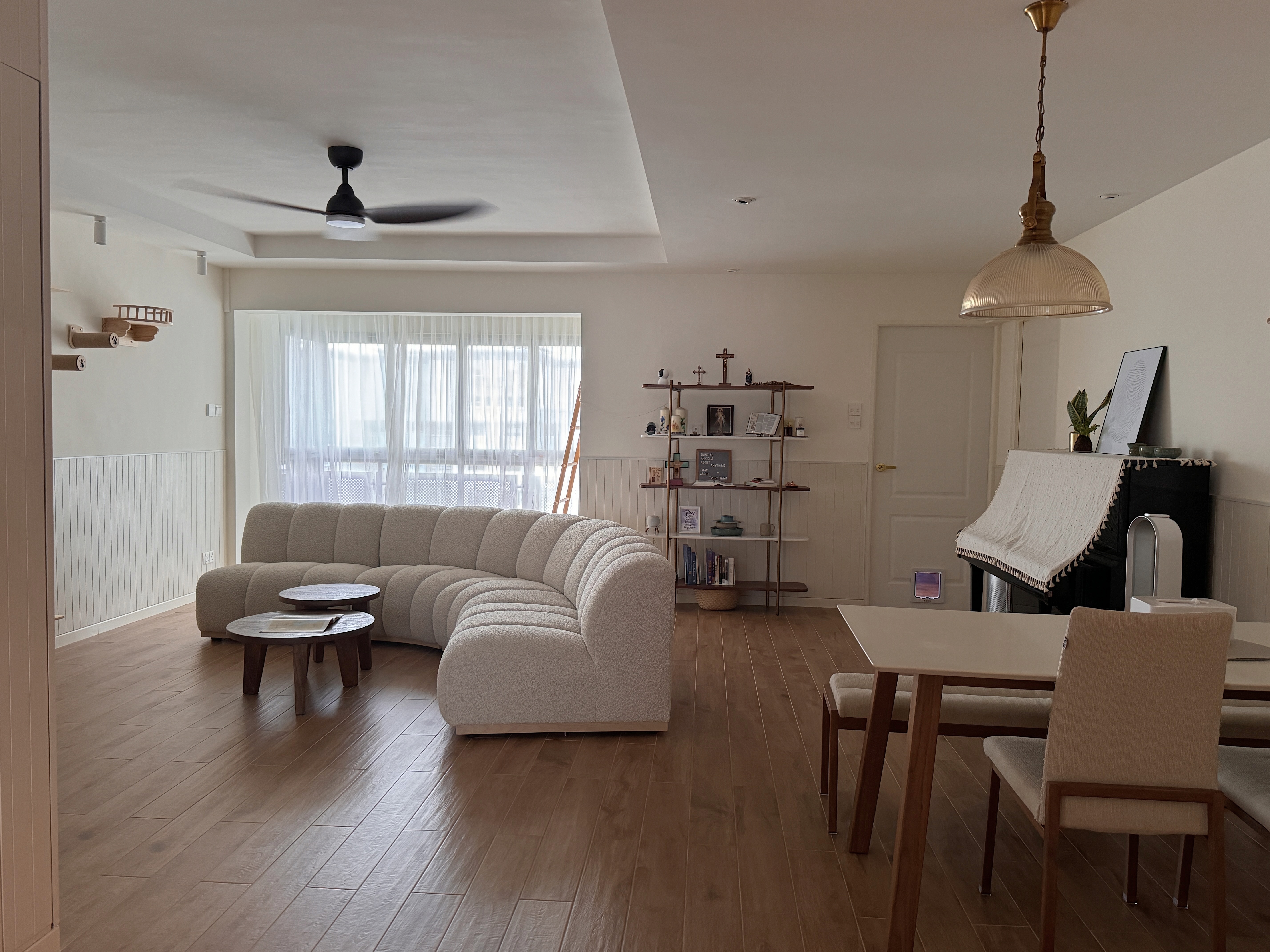 130K 5-room HDB Resale Home Tour: Warm hues, Panels, Barn door - Modern minimalist living room with beige sectional sofa