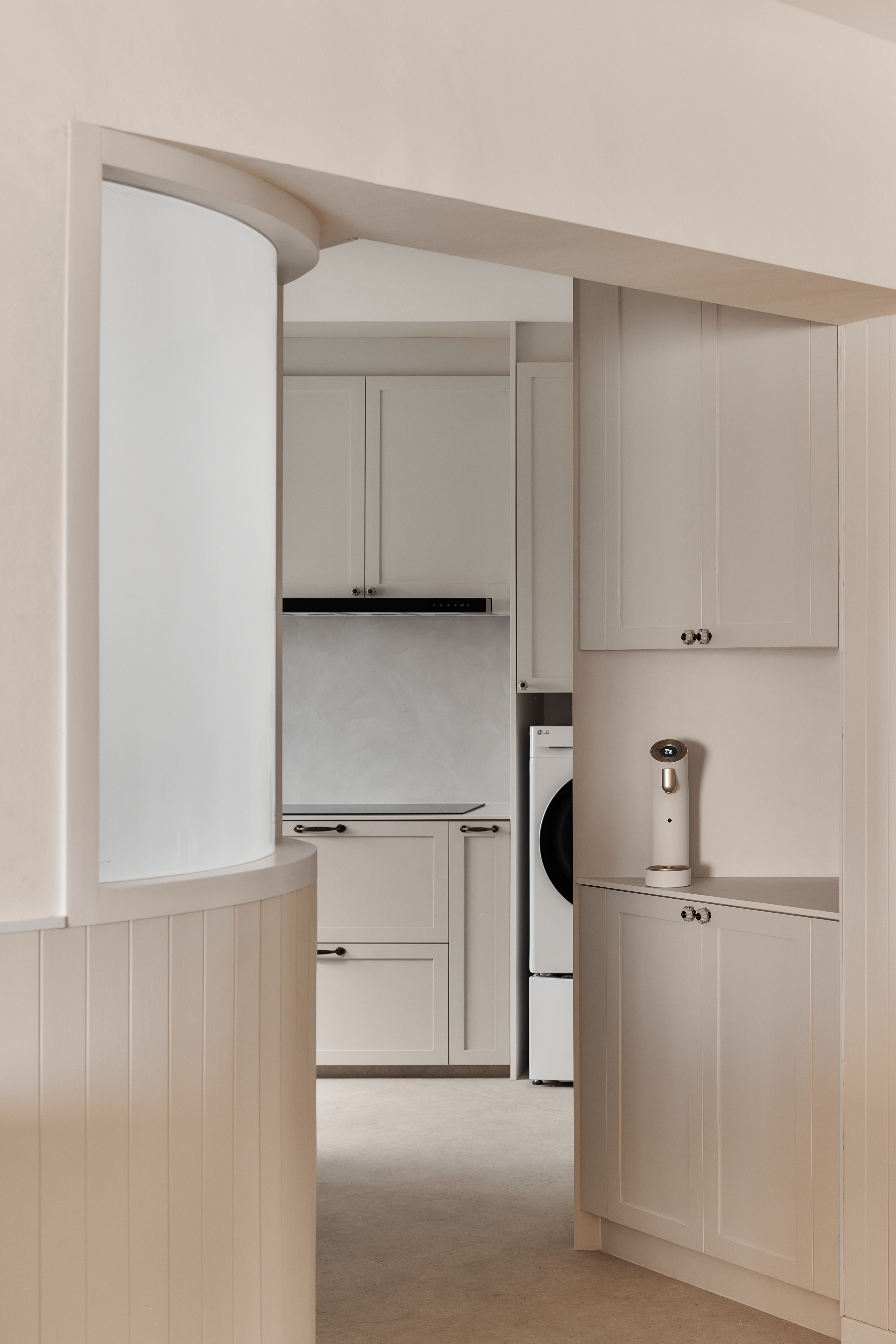 130K 5-room HDB Resale Home Tour: Warm hues, Panels, Barn door - Modern kitchen with minimalist design, white cabinets and