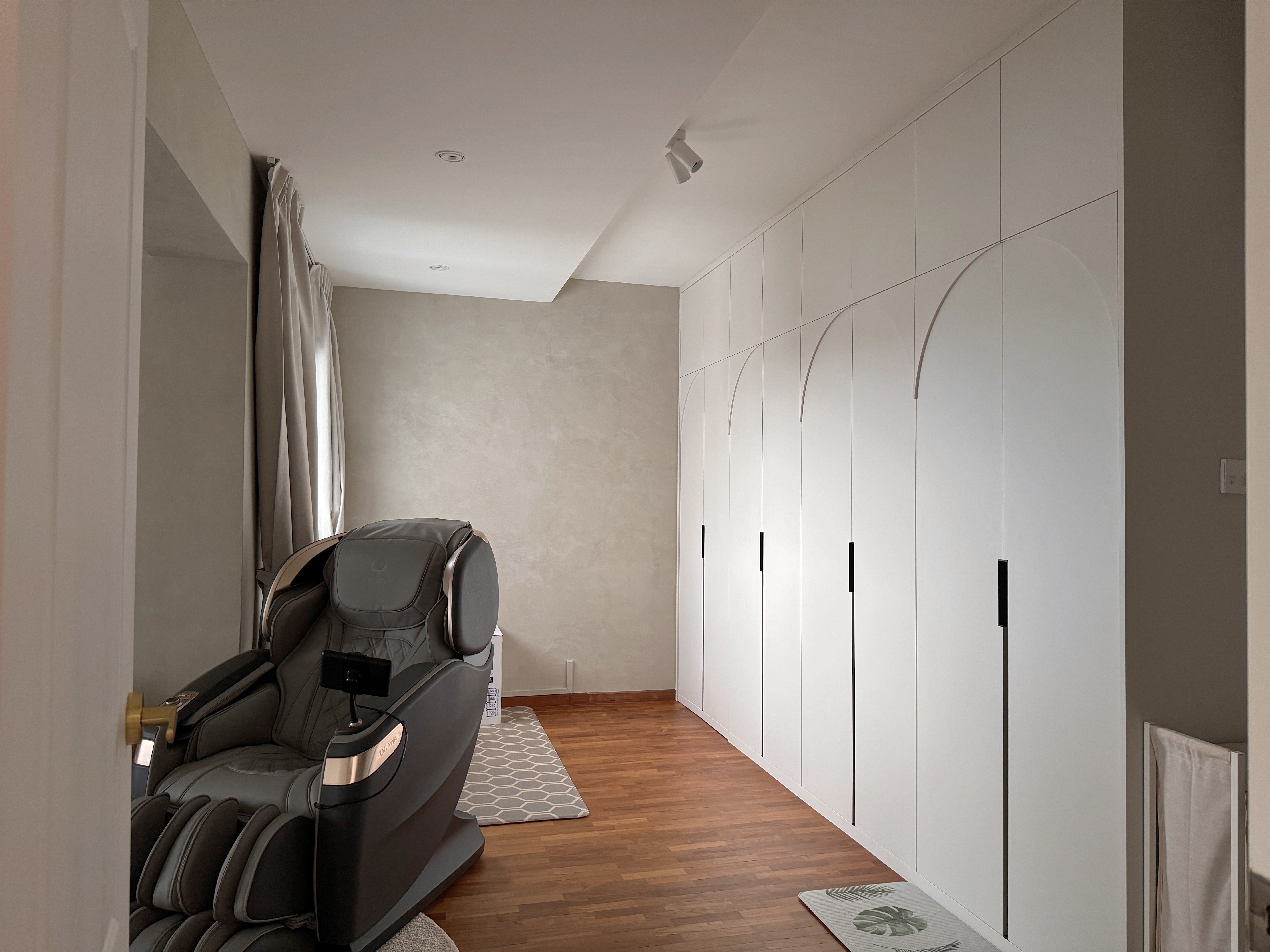 130K 5-room HDB Resale Home Tour: Warm hues, Panels, Barn door - Modern minimalist living room, sleek white wardrobe, elegant