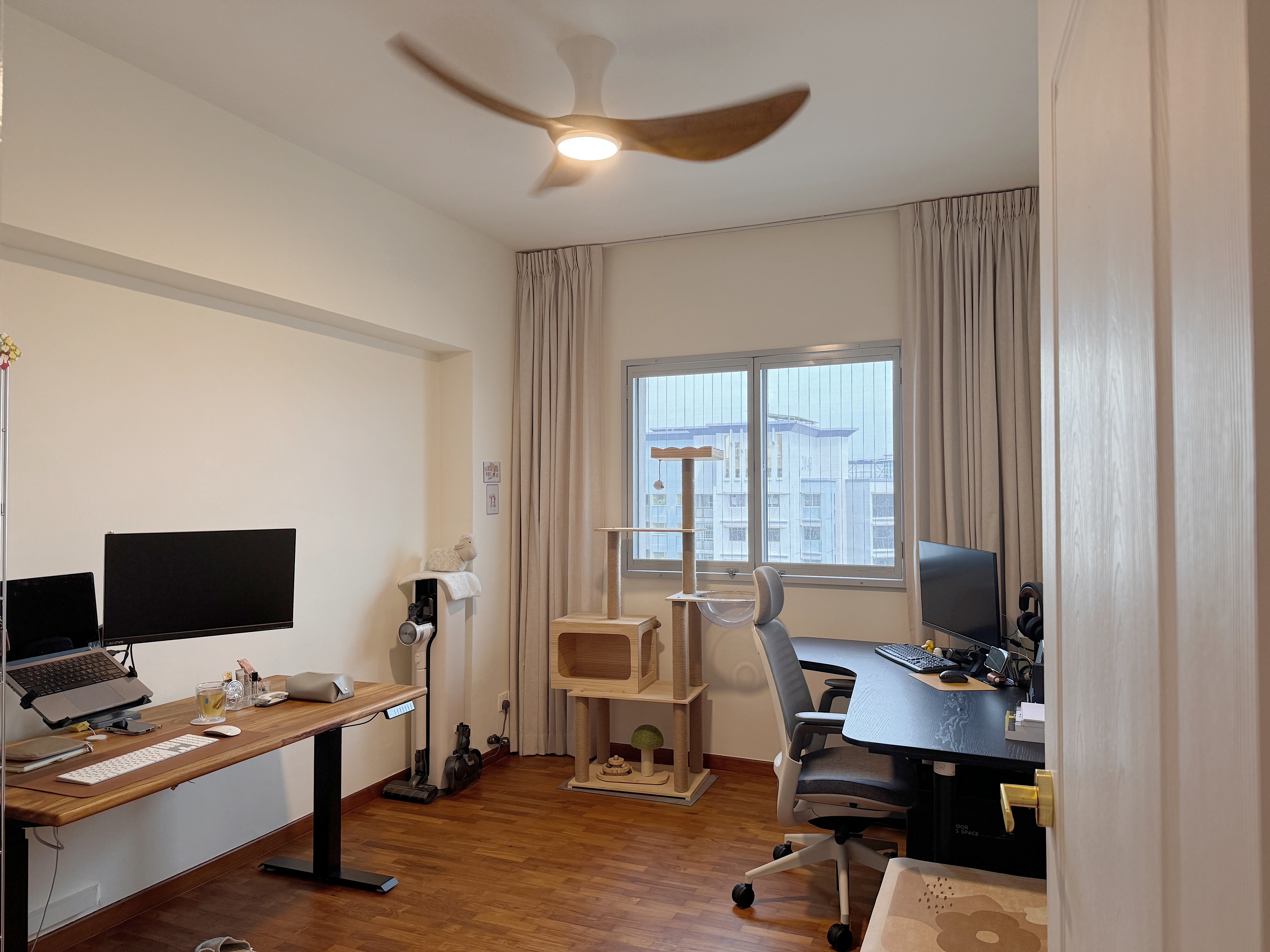 130K 5-room HDB Resale Home Tour: Warm hues, Panels, Barn door - Wooden desk, computer monitors, laptop, keyboard, mouse